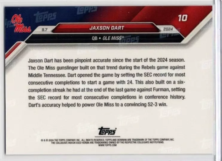 2024 Topps Bowman U Now Jaxson Dart #10 Blue #/49 Ole Miss Rebels Football Card - Image 2