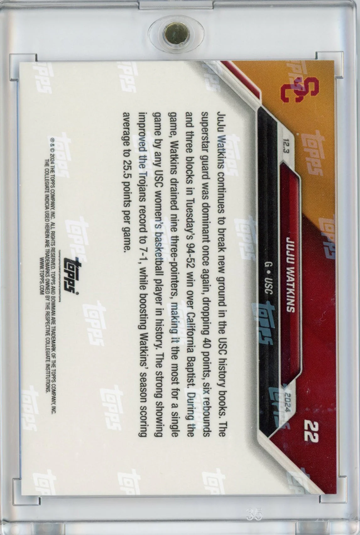 2024 Topps Bowman U Now JuJu Watkins #22 Blue #/49 USC Trojans Rookie RC Basketball Card - Image 2