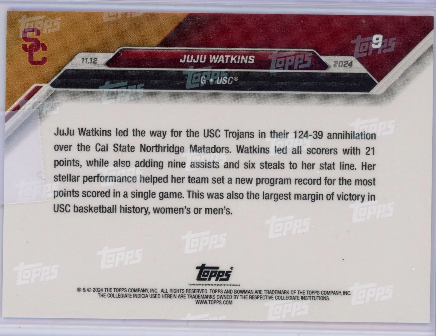 2024 Topps Bowman U Now JuJu Watkins #9 Blue #/49 USC Trojans Rookie RC Basketball Card - Image 2