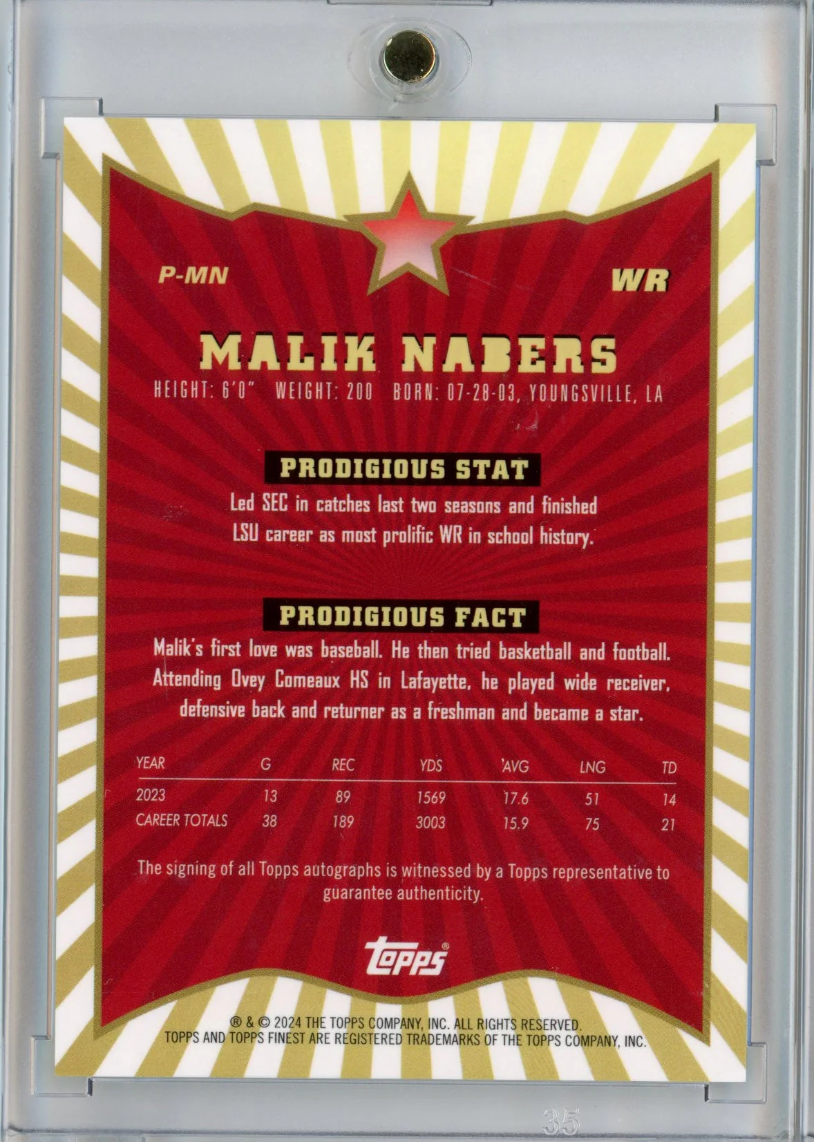 2024 Topps Finest Malik Nabers #PMN Prodigies Autograph Rookie RC Football Card - Image 2