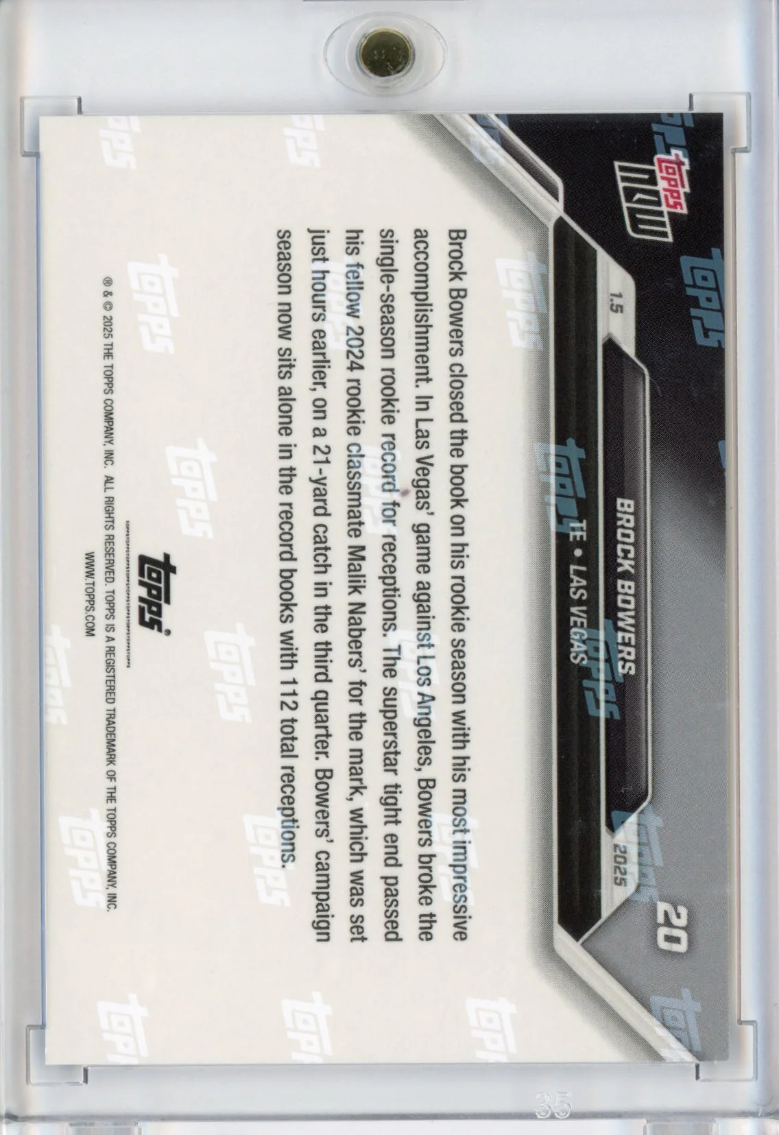 2024 Topps Now Brock Bowers #20 Blue #/49 Las Vegas Raiders Rookie RC Football Card - Image 2