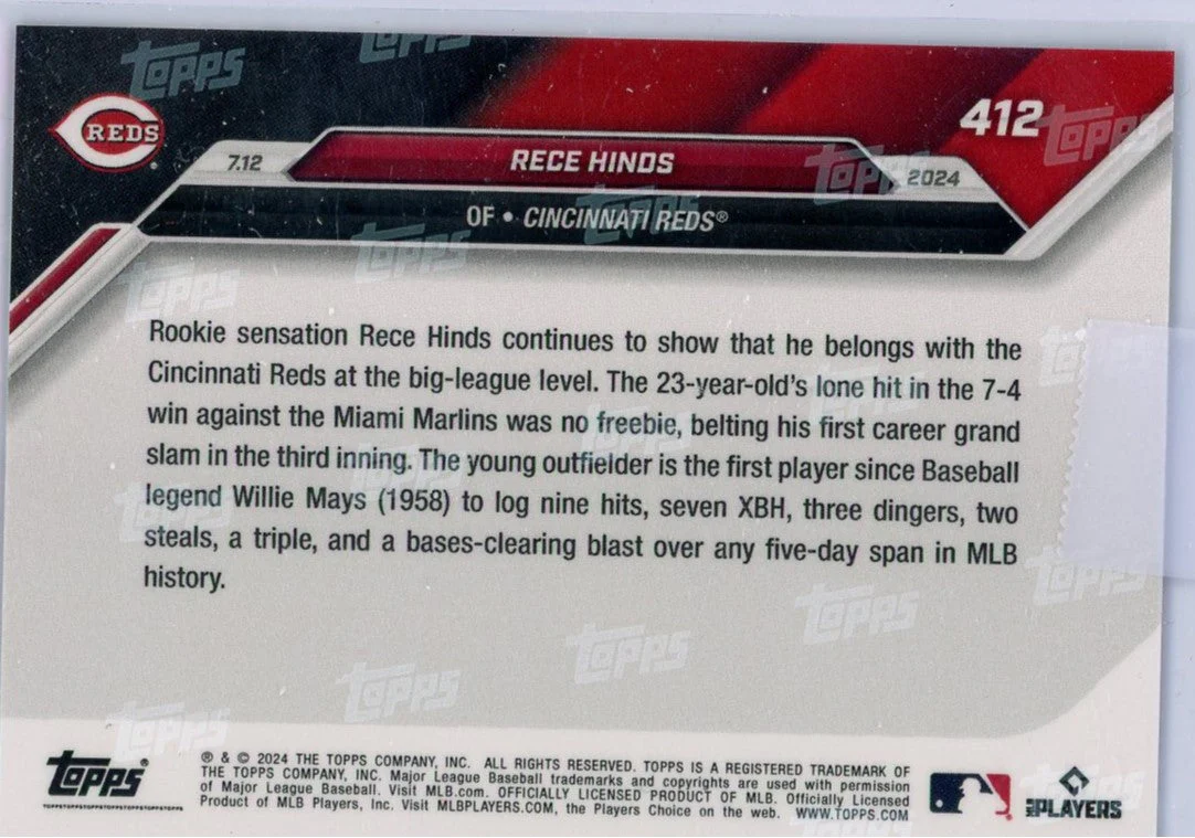 2024 Topps Now Rece Hinds #412 Blue #/49 Rookie RC Baseball Card - Image 2