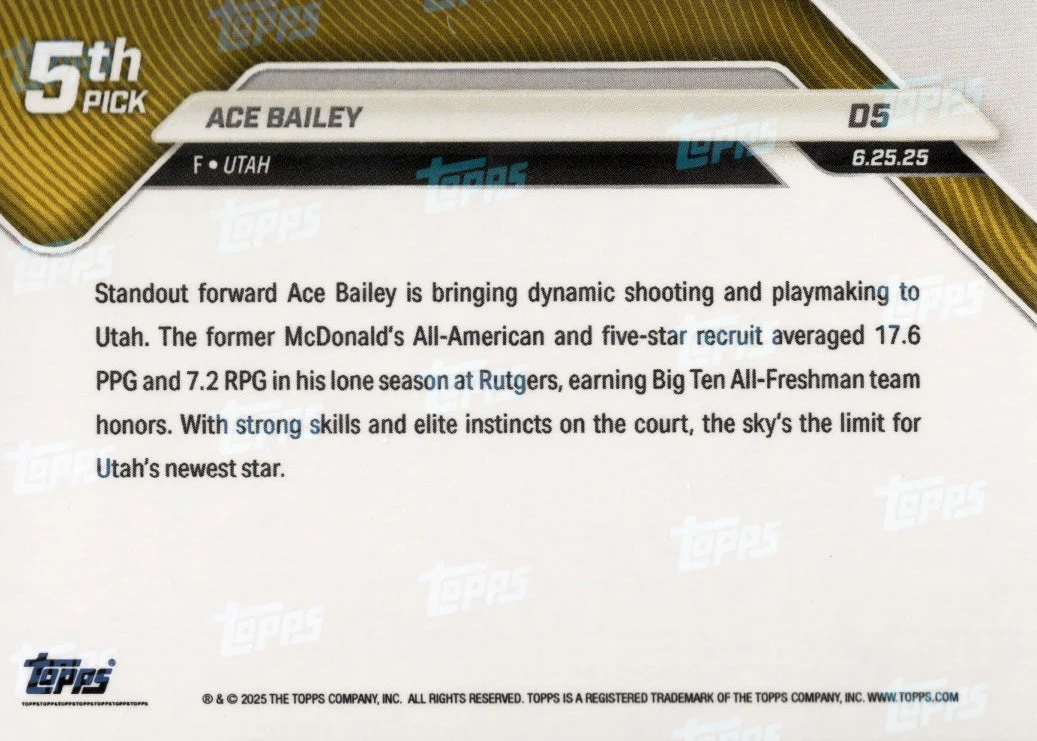2025 Topps Now Ace Bailey #D5 Gold Foil /50 Utah Jazz Rookie RC Basketball Card - Image 2