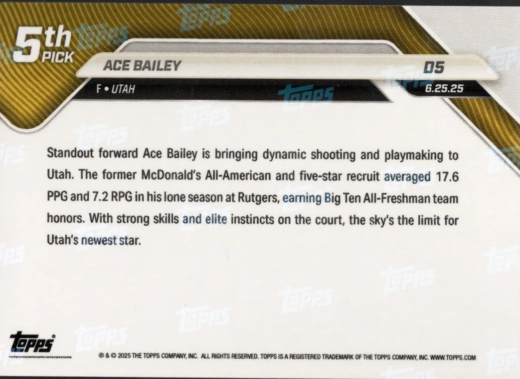 2025 Topps Now Ace Bailey #D5 Green Foil /99 Utah Jazz Rookie RC Basketball Card - Image 2