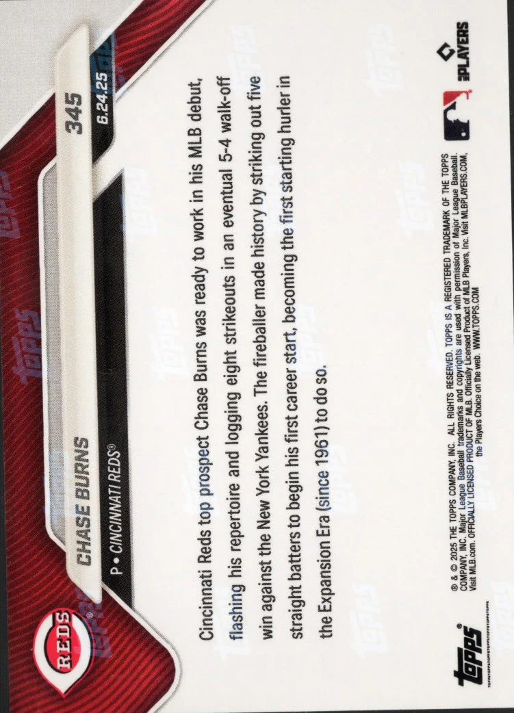 2025 Topps Now Chase Burns #345 Gold Foil /50 Cincinnati Reds Rookie RC Baseball Card - Image 2