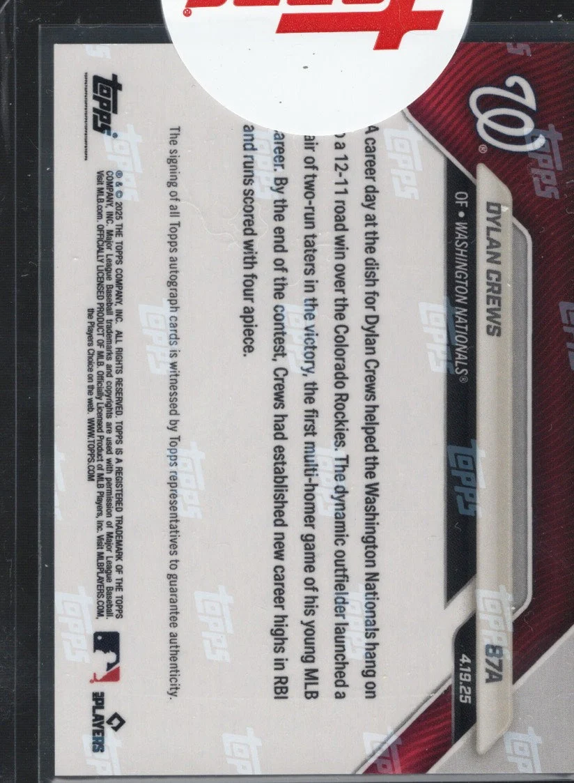 2025 Topps Now Dylan Crews #87A Auto /10 Washington Nationals Rookie RC Baseball Card - Image 2