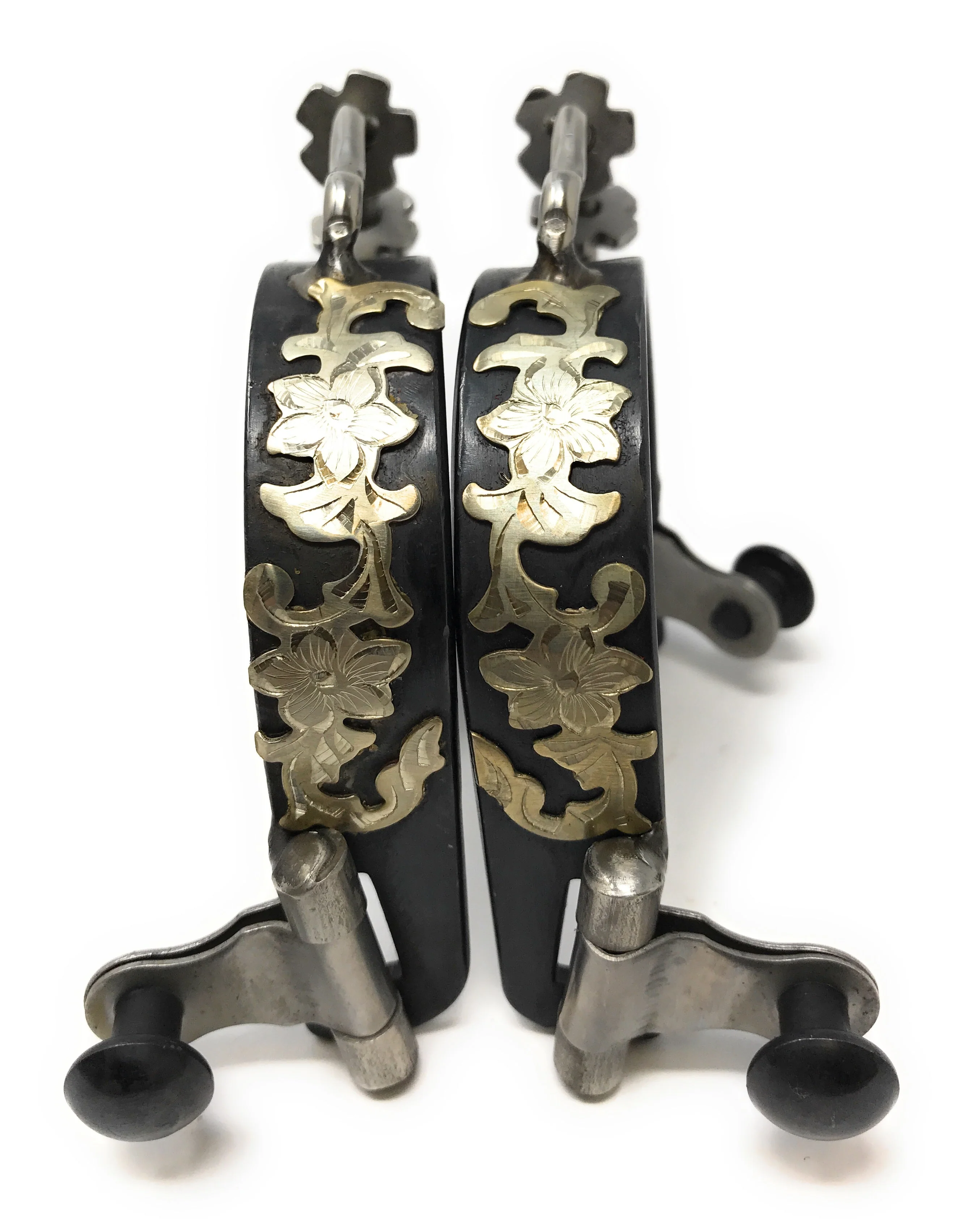 AJ Tack Ladies Antique Brown Flower Engraved Bumper Spurs with Rowels - Image 3