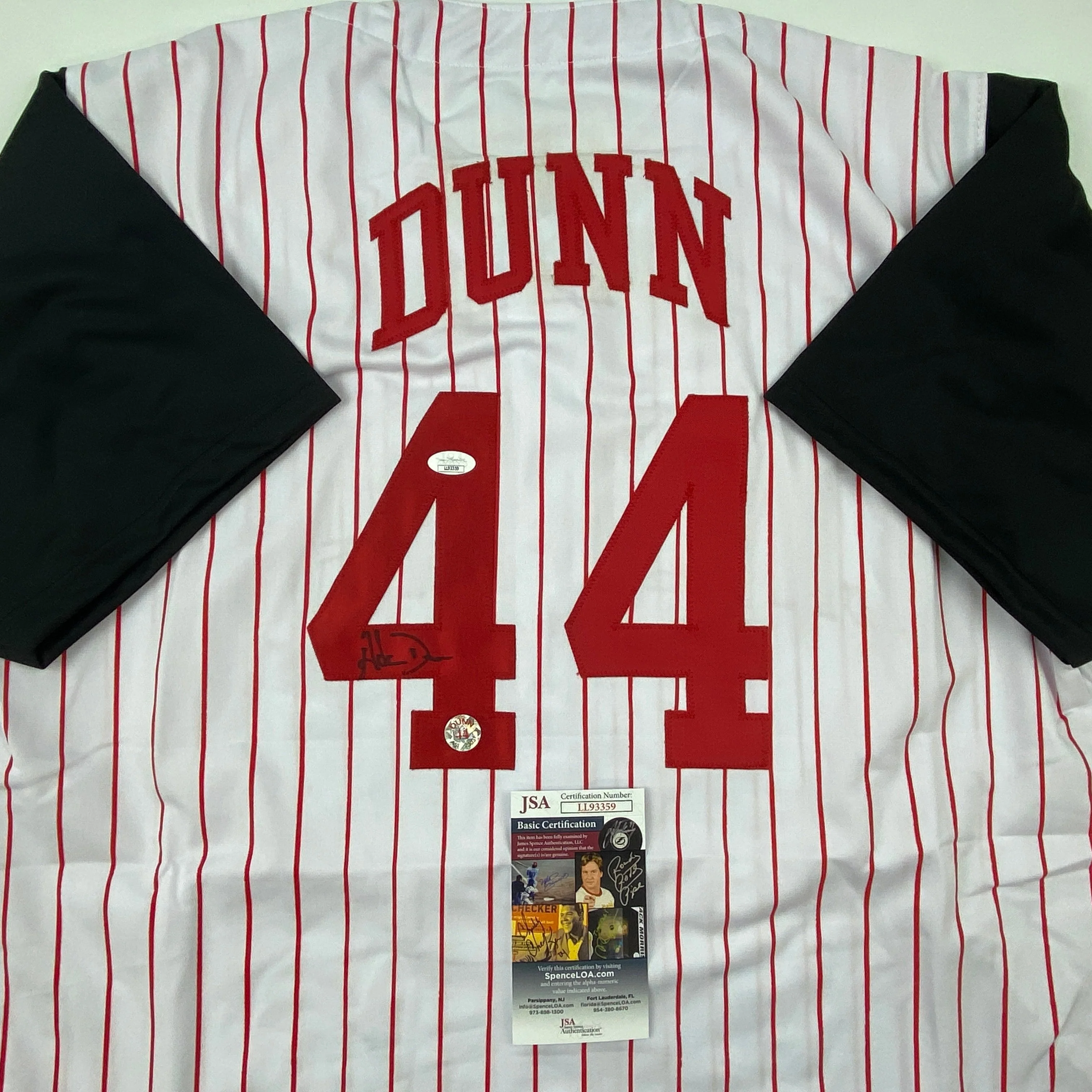 Autographed/Signed Adam Dunn Cincinnati Pinstripe Baseball Jersey JSA COA - Image 2