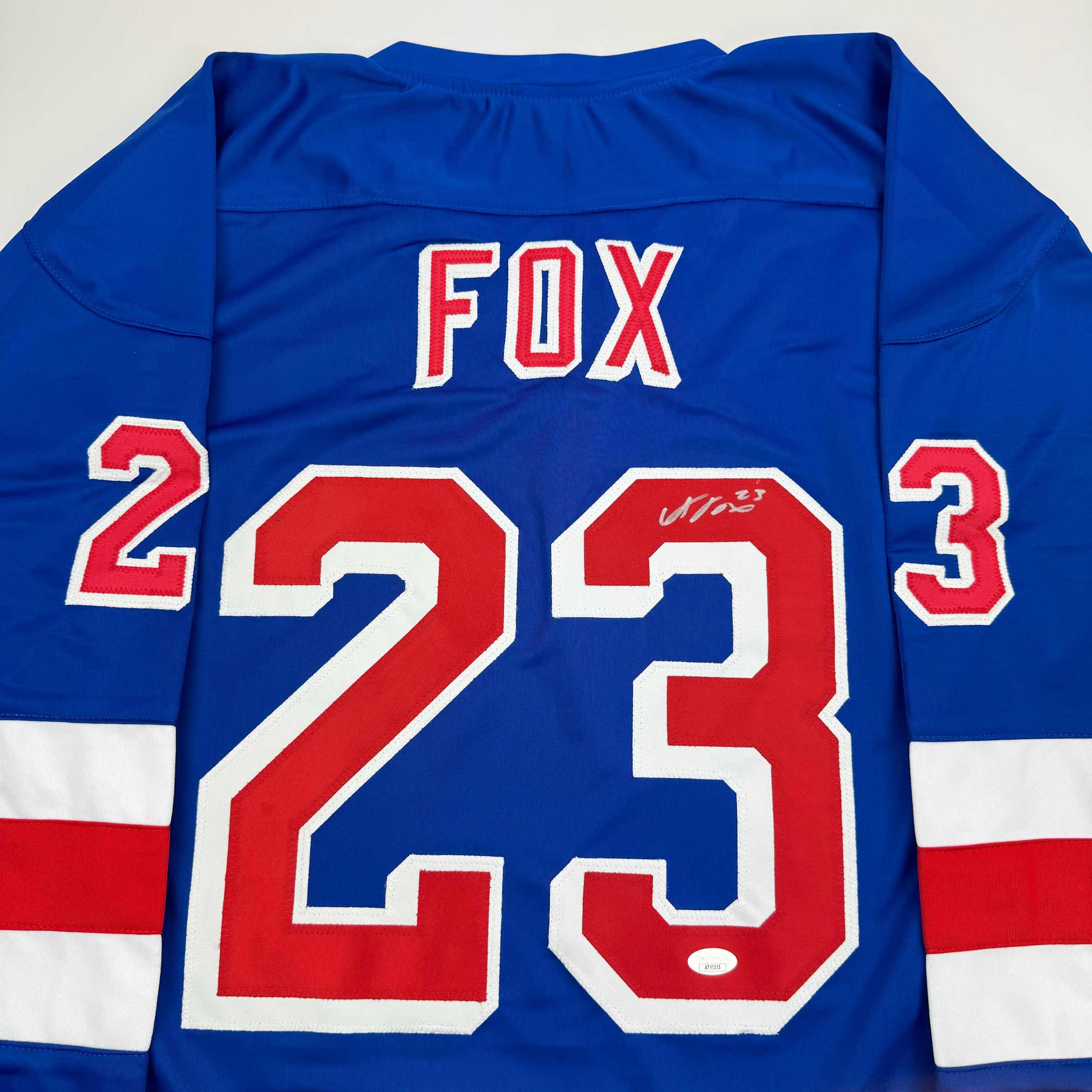 Autographed/Signed Adam Fox New York Blue Hockey Jersey JSA COA - Image 2