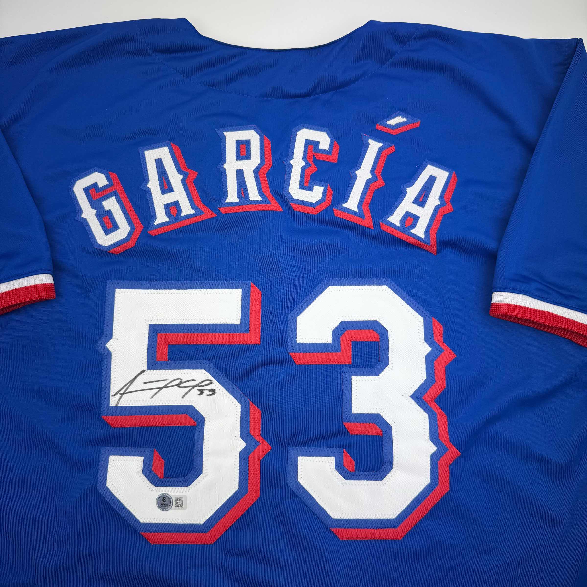 Autographed/Signed Adolis Garcia Texas Blue Baseball Jersey Beckett BAS COA - Image 2