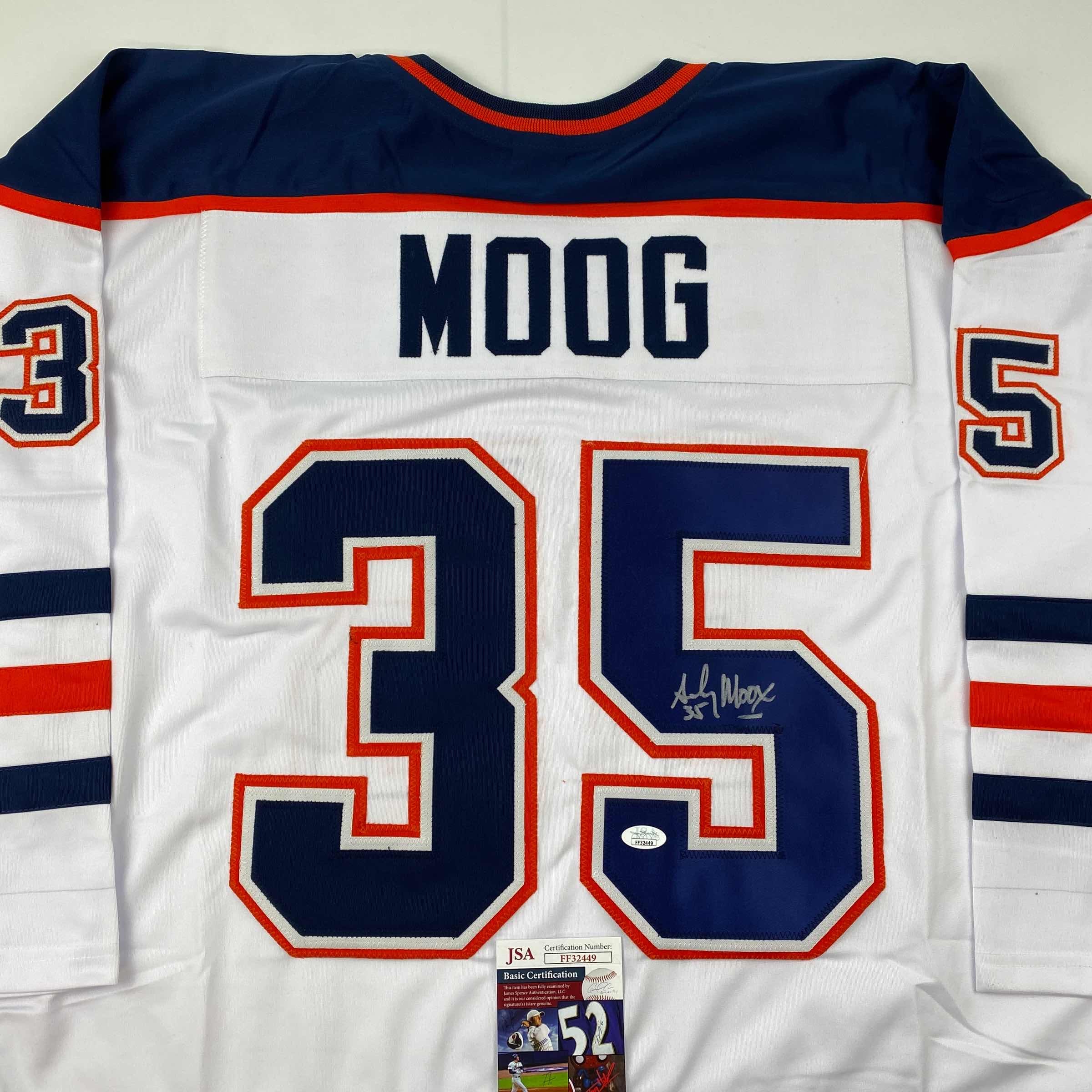 Autographed/Signed Andy Moog Edmonton White Hockey Jersey JSA COA - Image 2