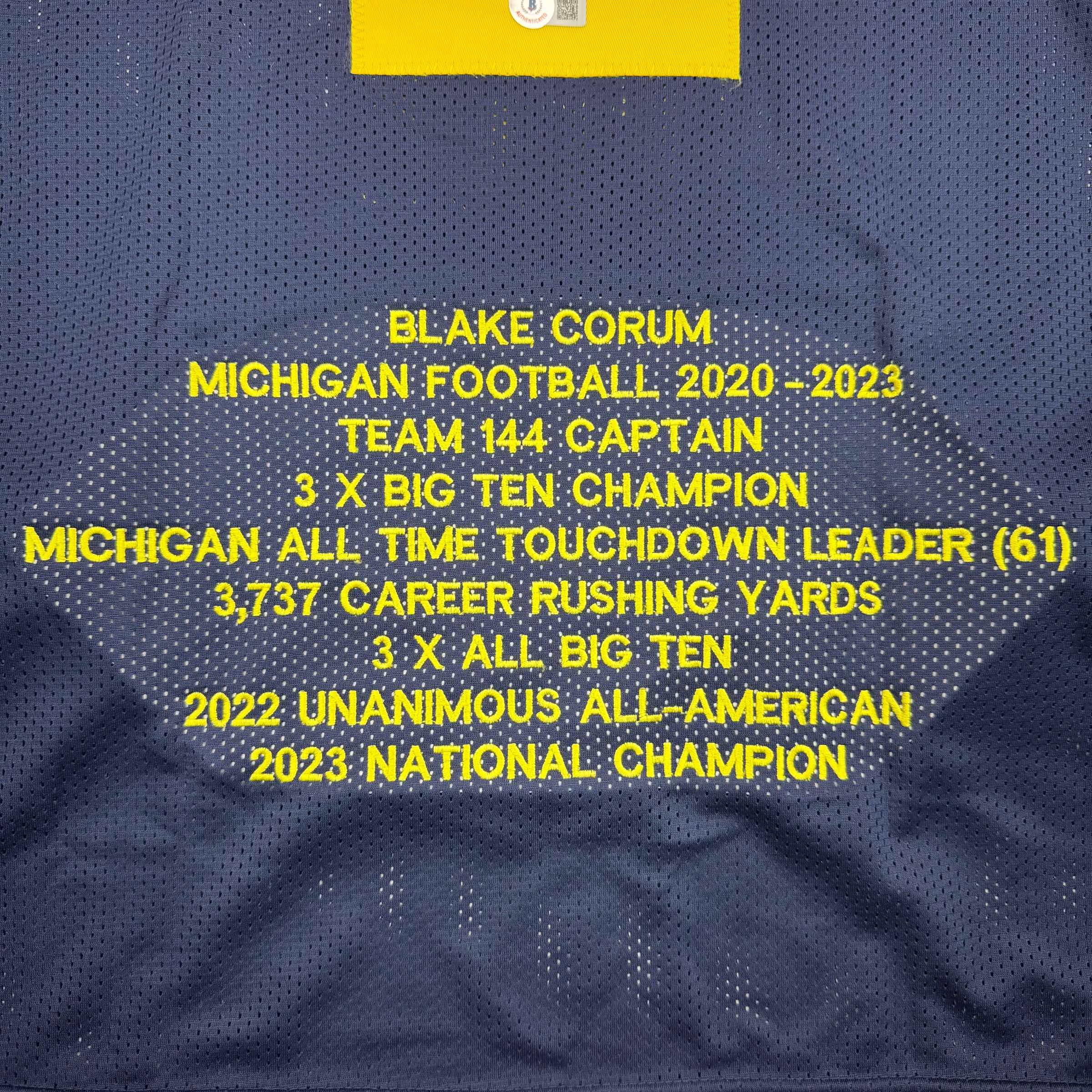 Autographed/Signed Blake Corum Michigan Blue Stat College Football Jersey Beckett BAS COA - Image 3