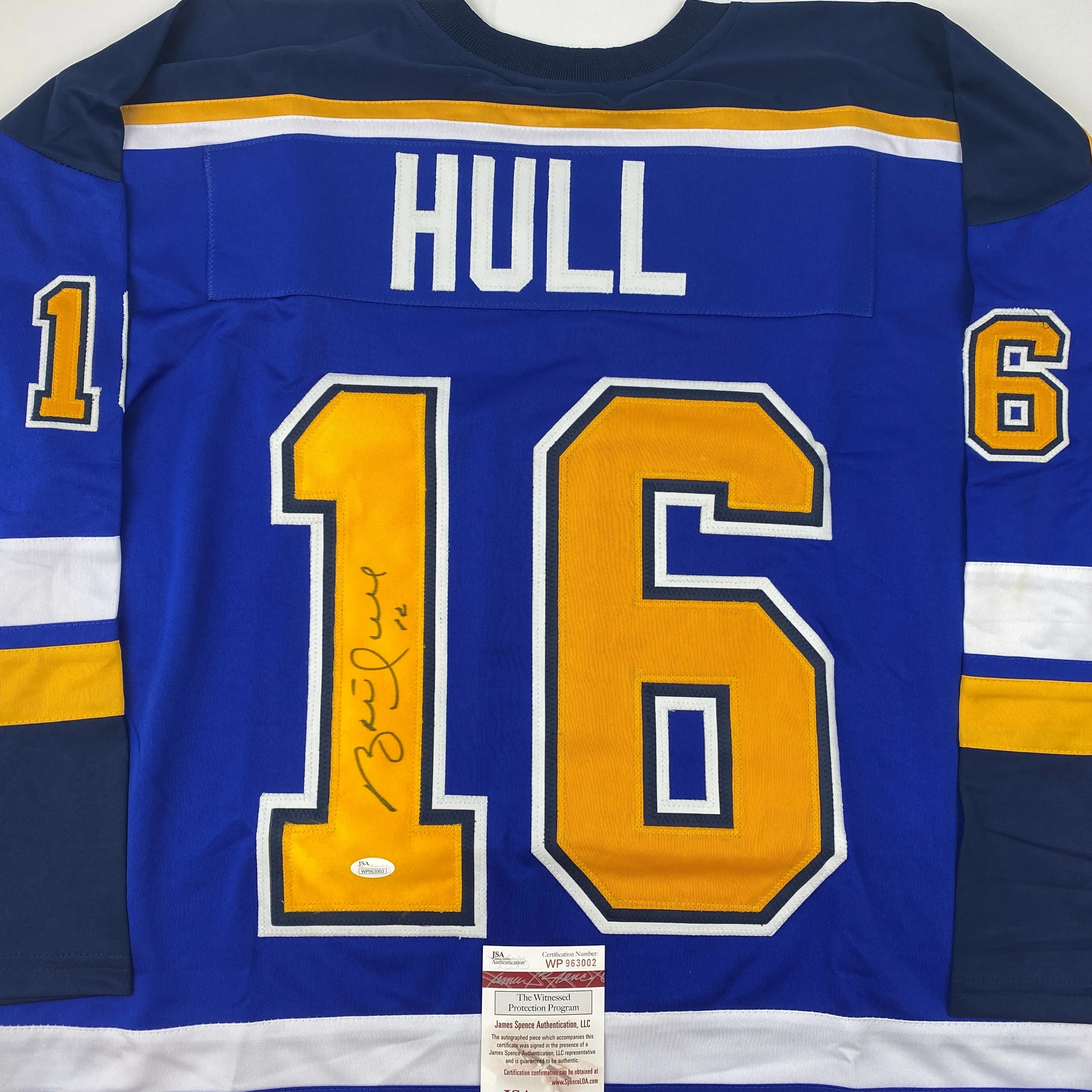 Autographed/Signed Brett Hull St. Louis Blue Yellow Numbers Hockey Jersey JSA COA - Image 2