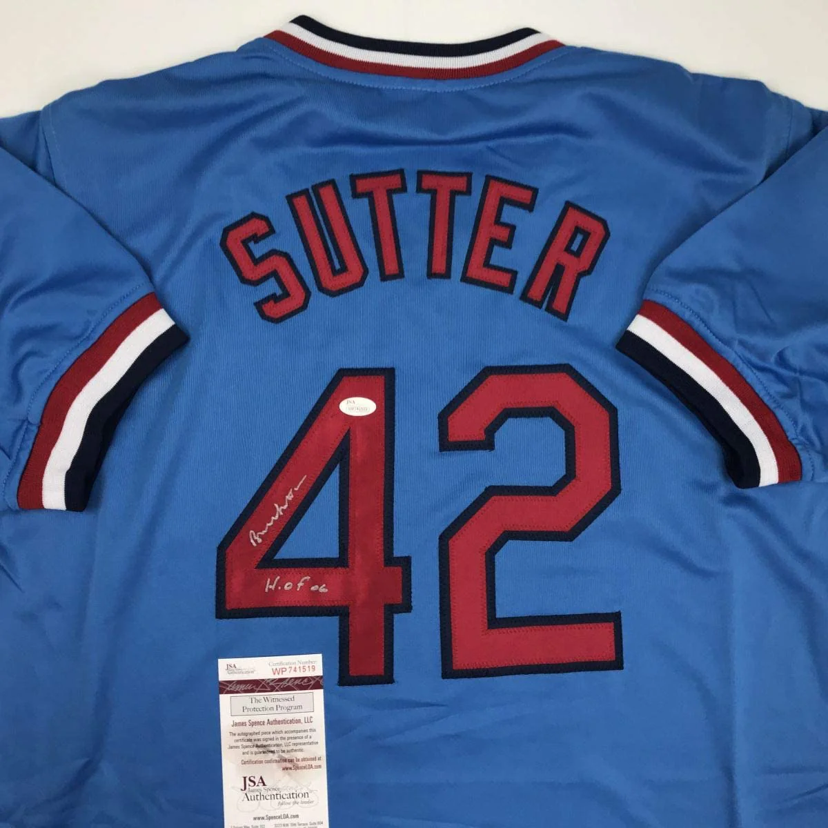 Autographed/Signed Bruce Sutter HOF 06 St. Louis Blue Baseball Jersey JSA COA - Image 2