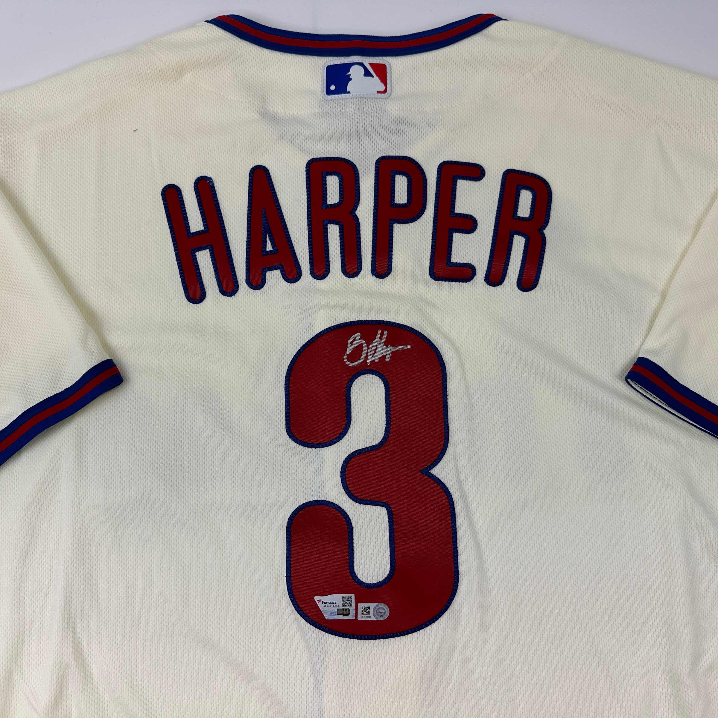 Autographed/Signed Bryce Harper Philadelphia Phillies Cream Authentic Baseball Jersey Fanatics & MLB COA - Image 2
