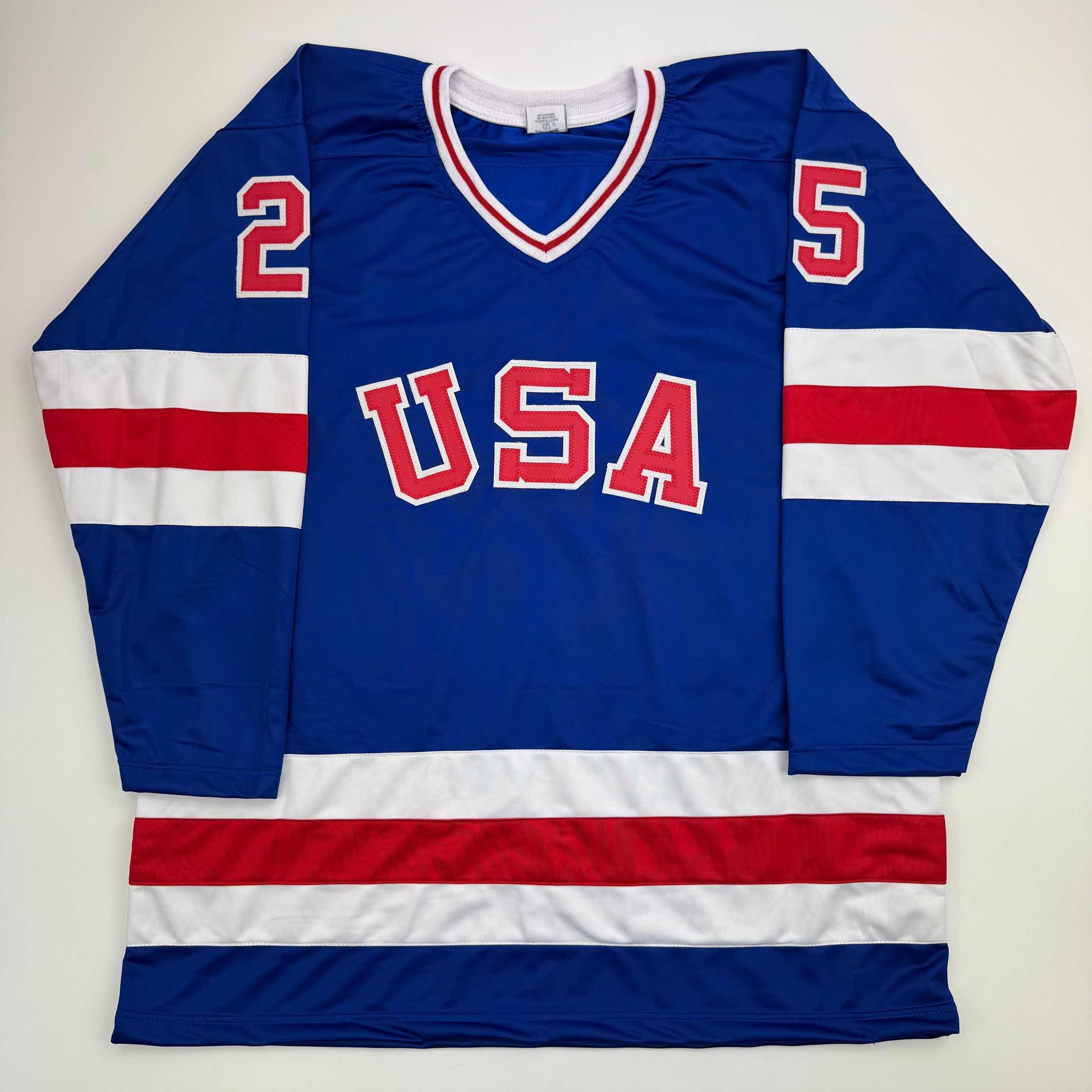 Autographed/Signed Buzz Schneider Blue Team USA Miracle On Ice 1980 Olympics Hockey Jersey Beckett BAS COA - Image 4