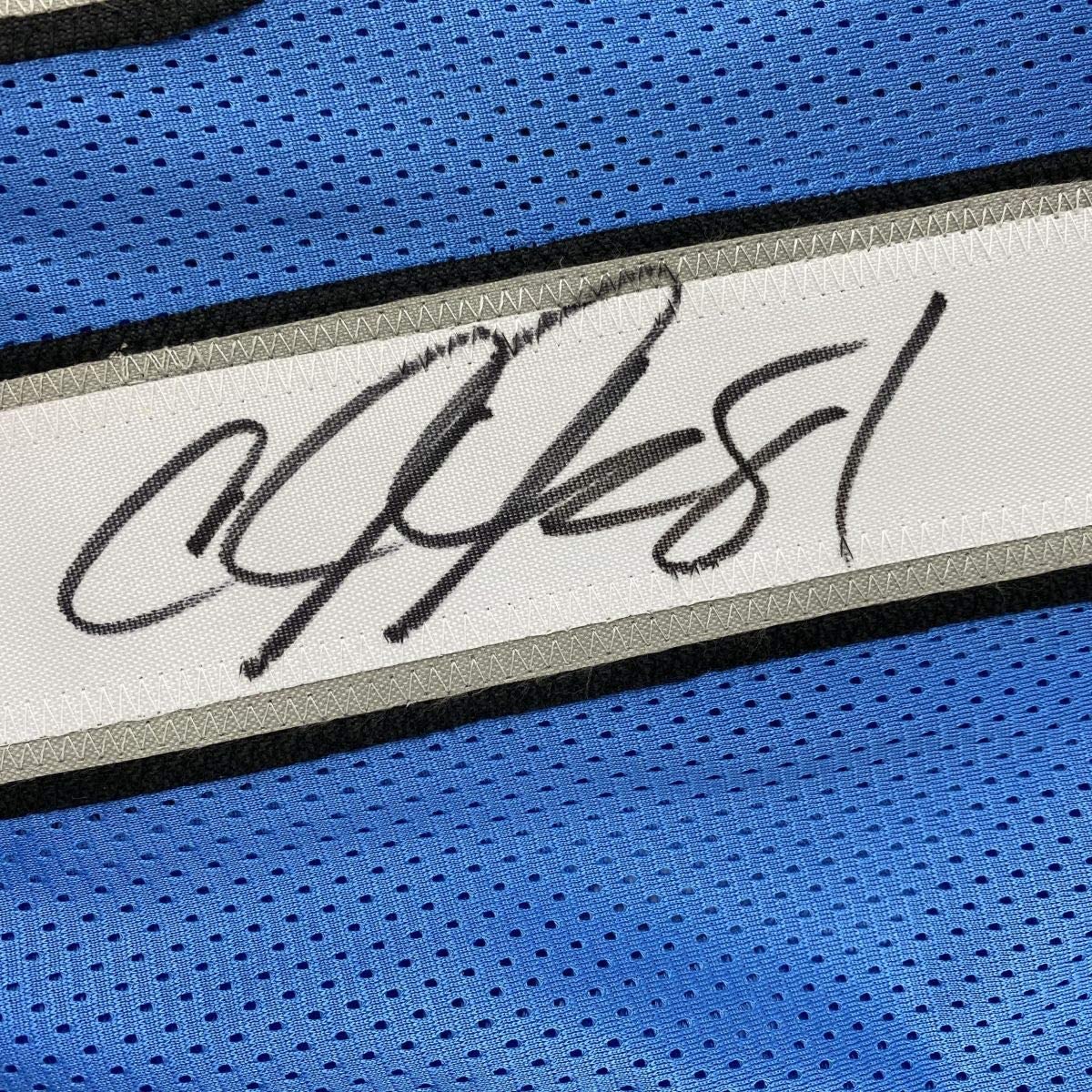 Autographed/Signed Calvin Johnson Detroit Blue Football Jersey JSA COA - Image 3