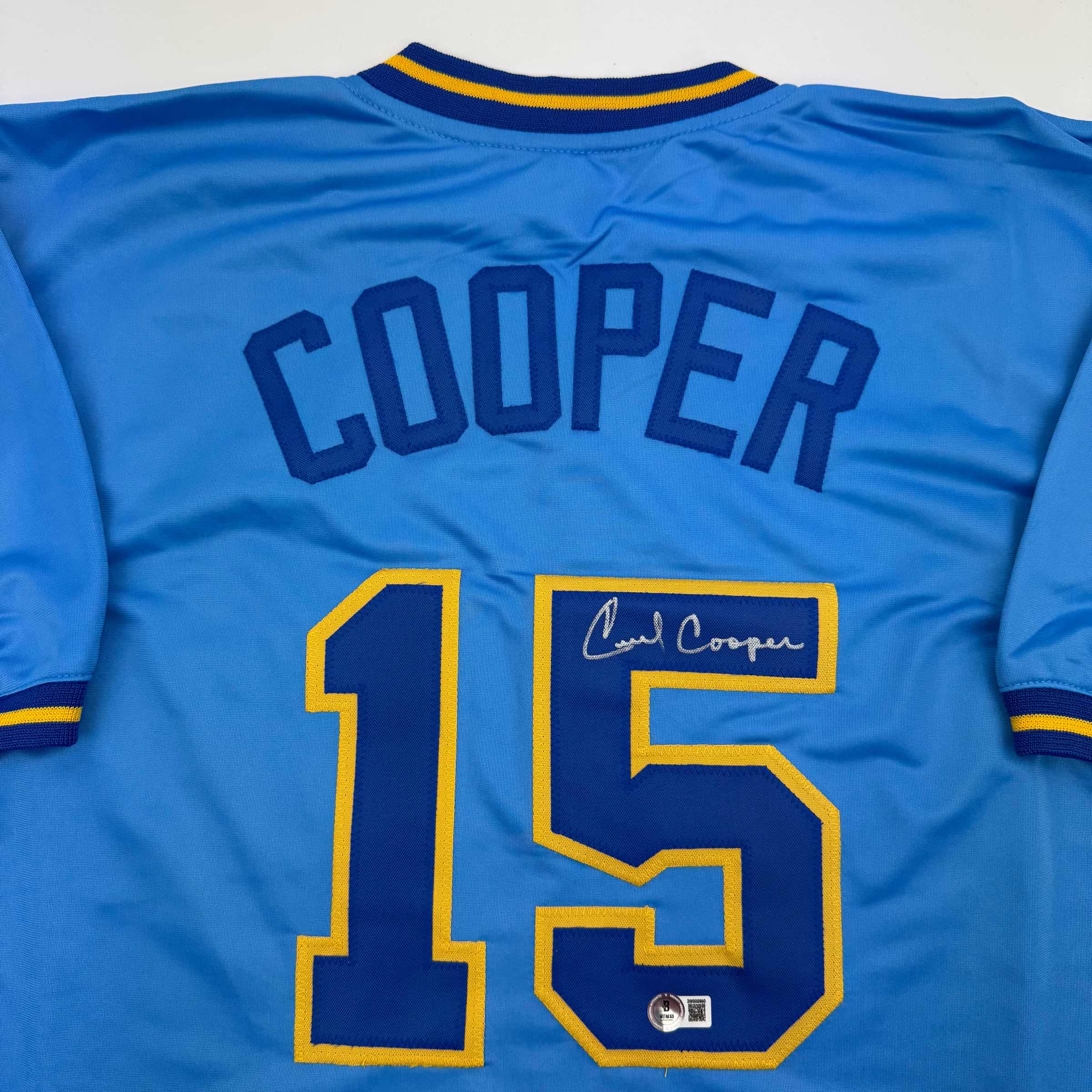 Autographed/Signed Cecil Cooper Milwaukee Blue Baseball Jersey Beckett BAS COA - Image 2