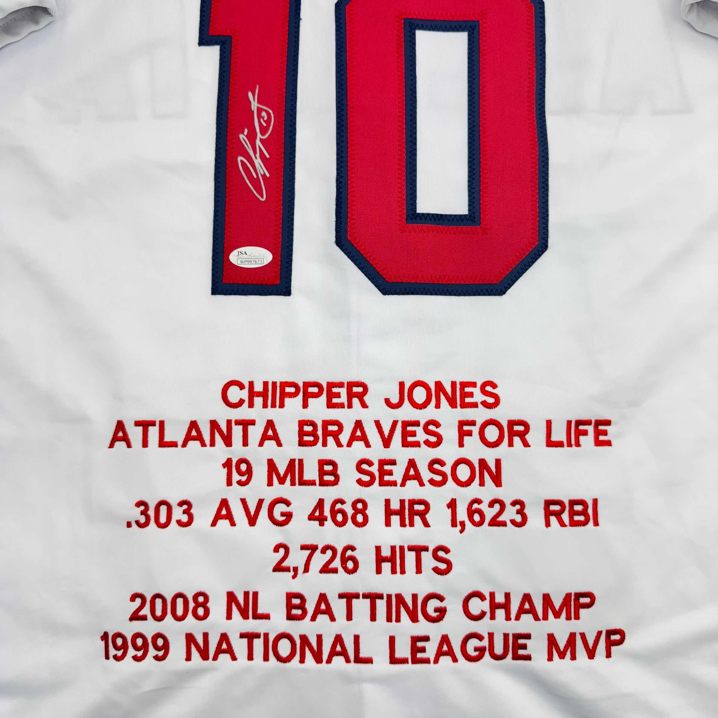 Autographed/Signed Chipper Jones Atlanta White Stat Baseball Jersey JSA COA - Image 2