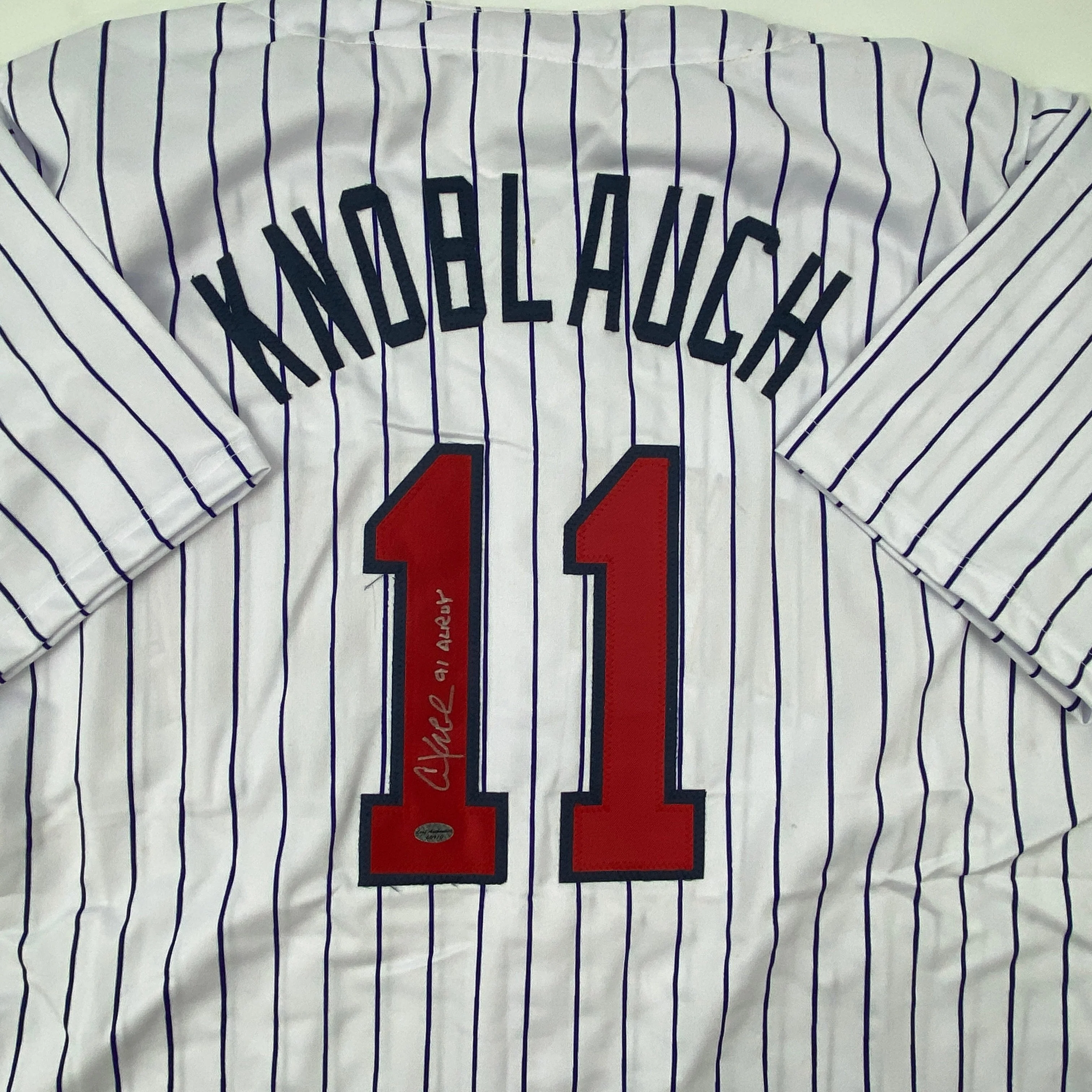 Autographed/Signed Chuck Knoblauch Minnesota Pinstripe Baseball Jersey Leaf Authentic COA - Image 2