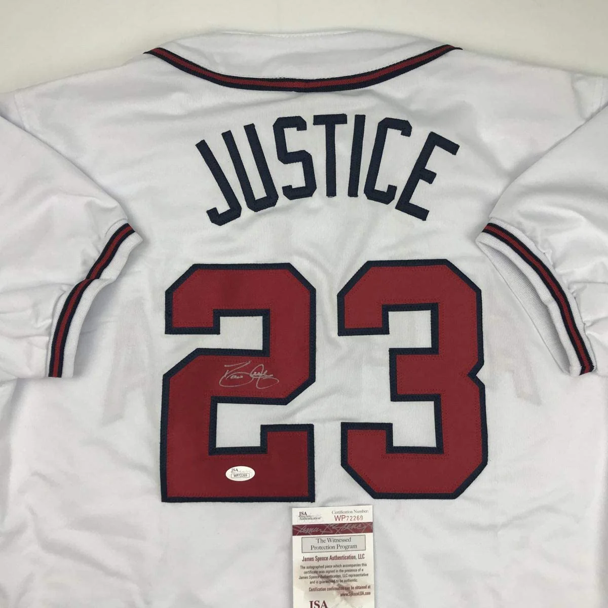 Autographed/Signed David Justice Atlanta White Baseball Jersey JSA COA - Image 2