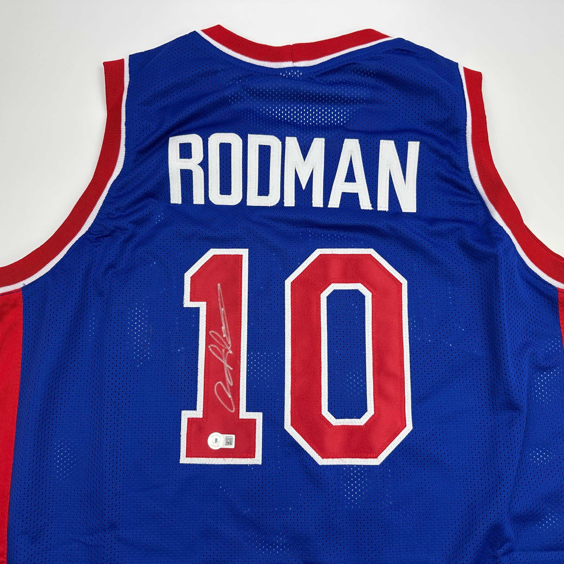 Autographed/Signed Dennis Rodman Detroit Blue Basketball Jersey Beckett BAS COA - Image 2