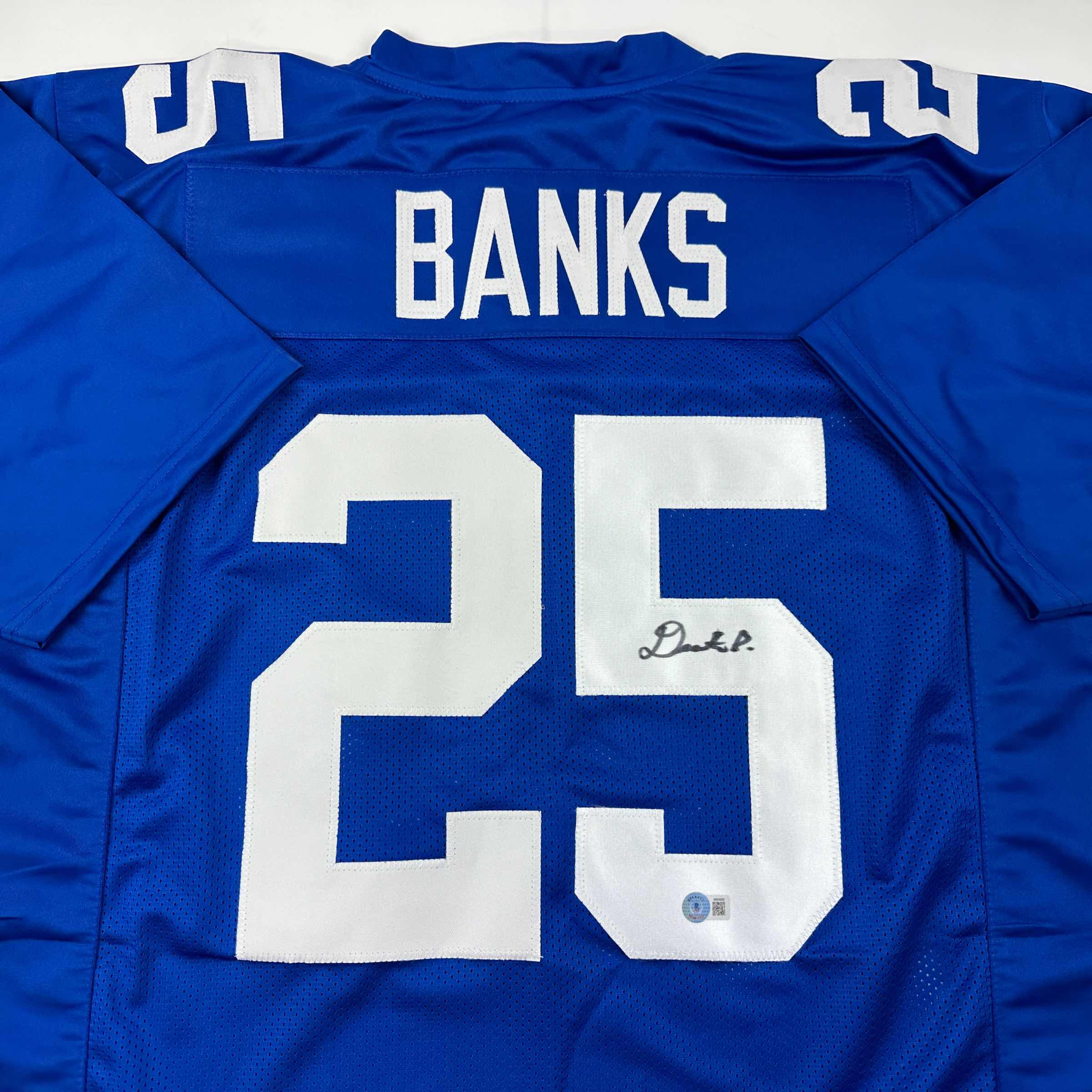 Autographed/Signed Deonte Banks New York Blue Football Jersey Beckett BAS COA - Image 2