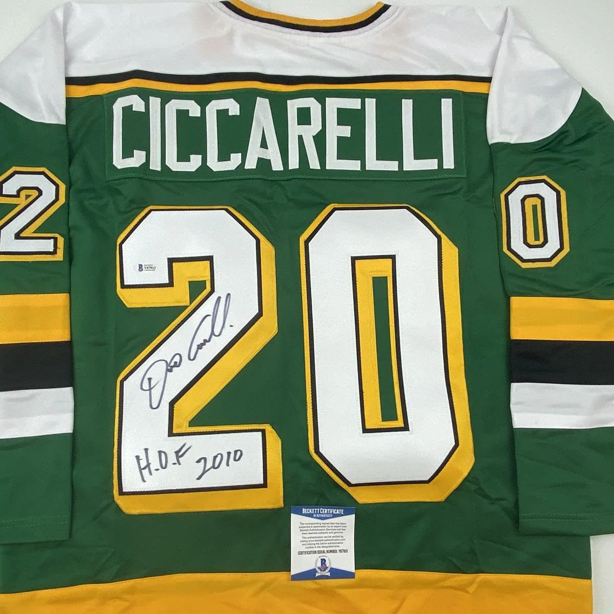 Autographed/Signed Dino Ciccarelli HOF 2010 Minnesota Green Hockey Jersey Beckett BAS COA - Image 2