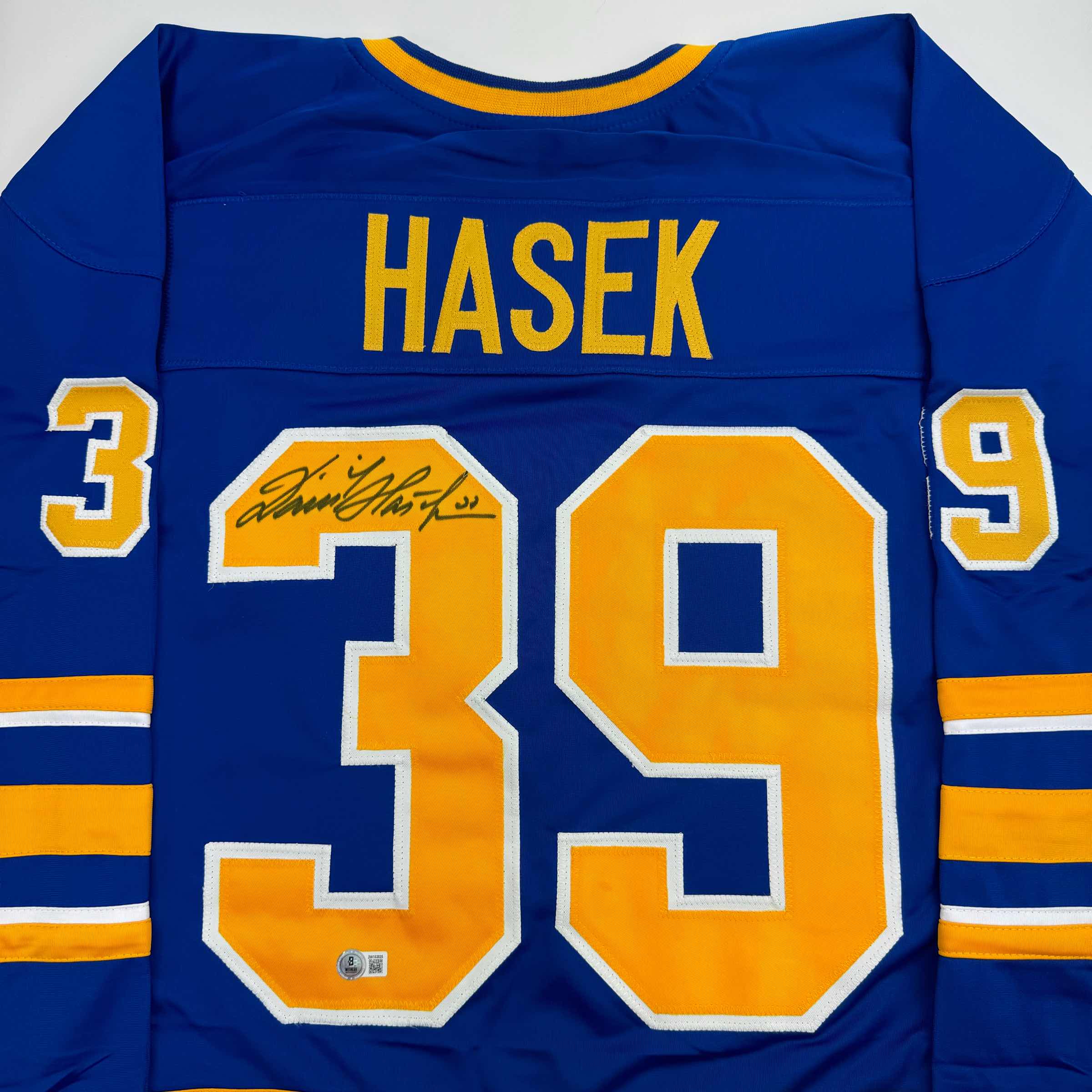 Autographed/Signed Dominik Hasek Buffalo Blue Hockey Jersey Beckett BAS COA - Image 2