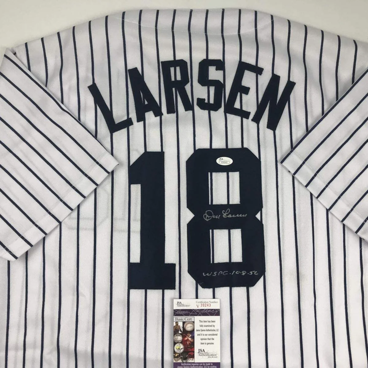 Autographed/Signed Don Larsen New York Pinstripe Baseball Jersey JSA COA - Image 2