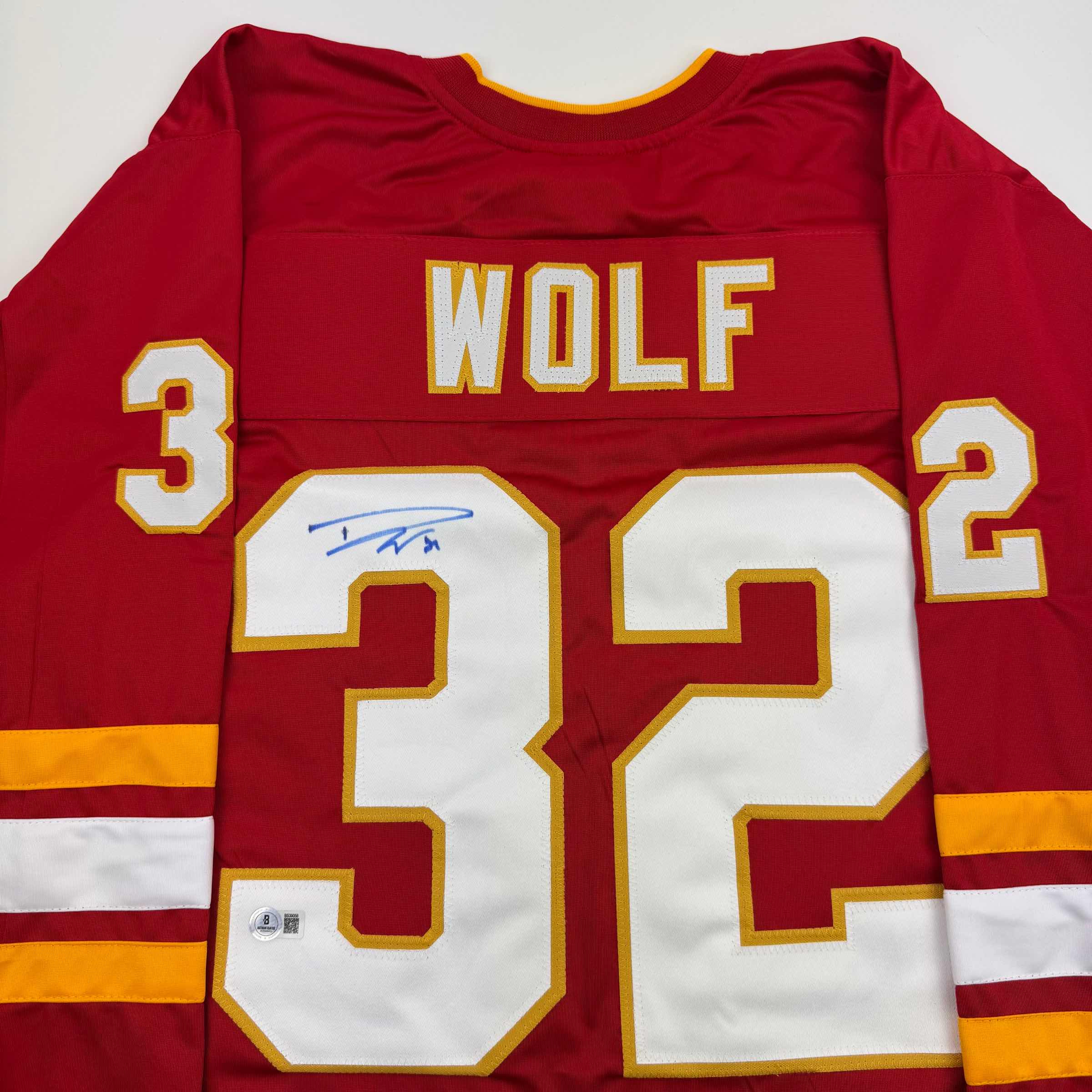 Autographed/Signed Dustin Wolf Calgary Red Hockey Jersey Beckett BAS COA - Image 2