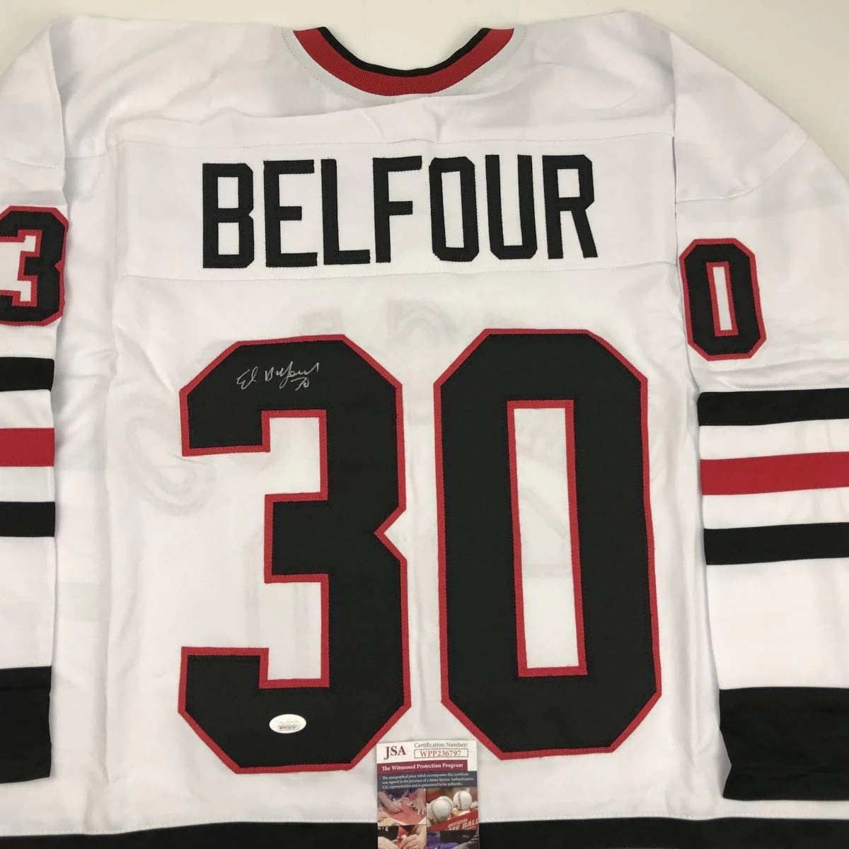 Autographed/Signed Ed Belfour Chicago White Hockey Jersey JSA COA - Image 2