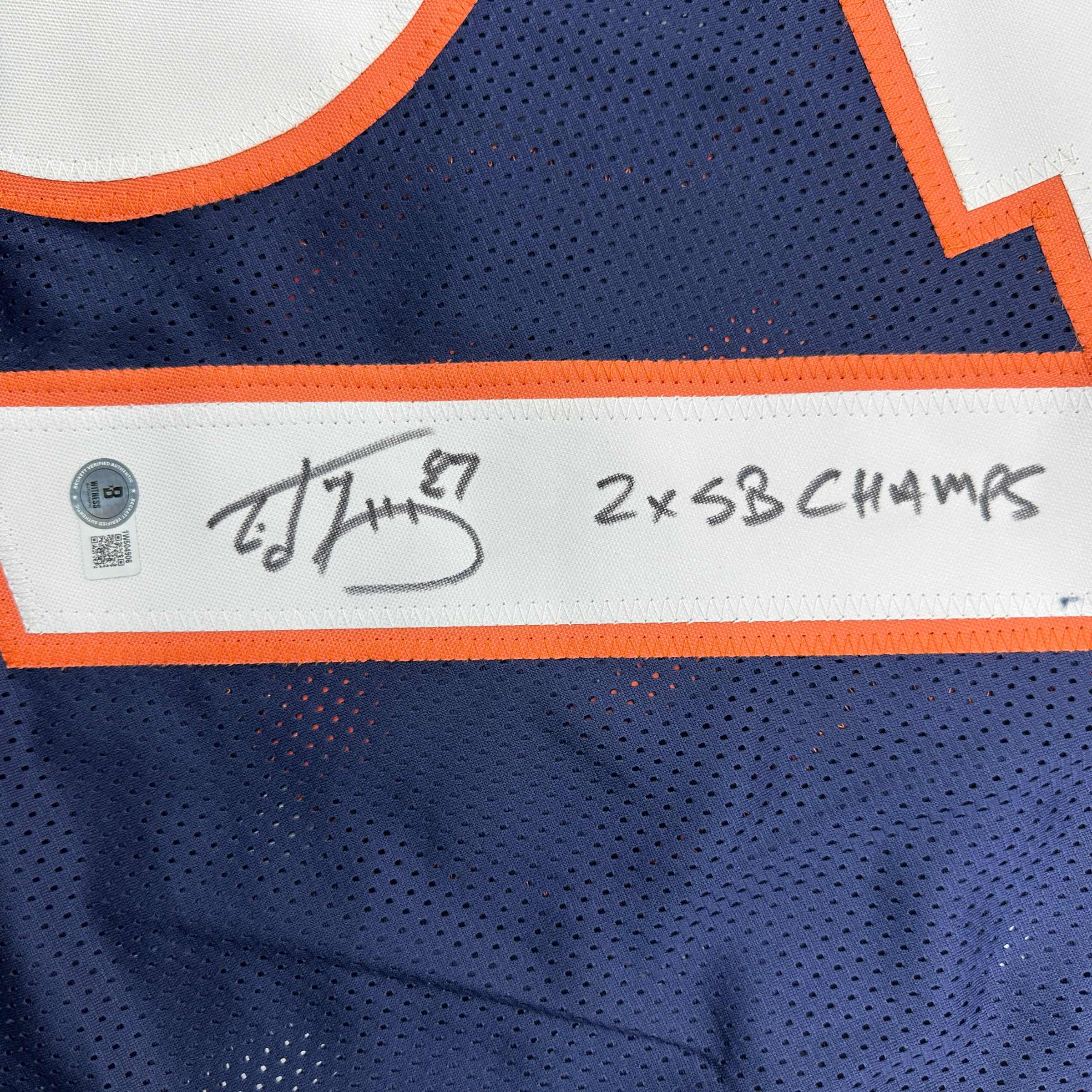Autographed/Signed Ed McCaffrey 2x SB Champs Denver Blue Football Jersey Beckett BAS COA - Image 3