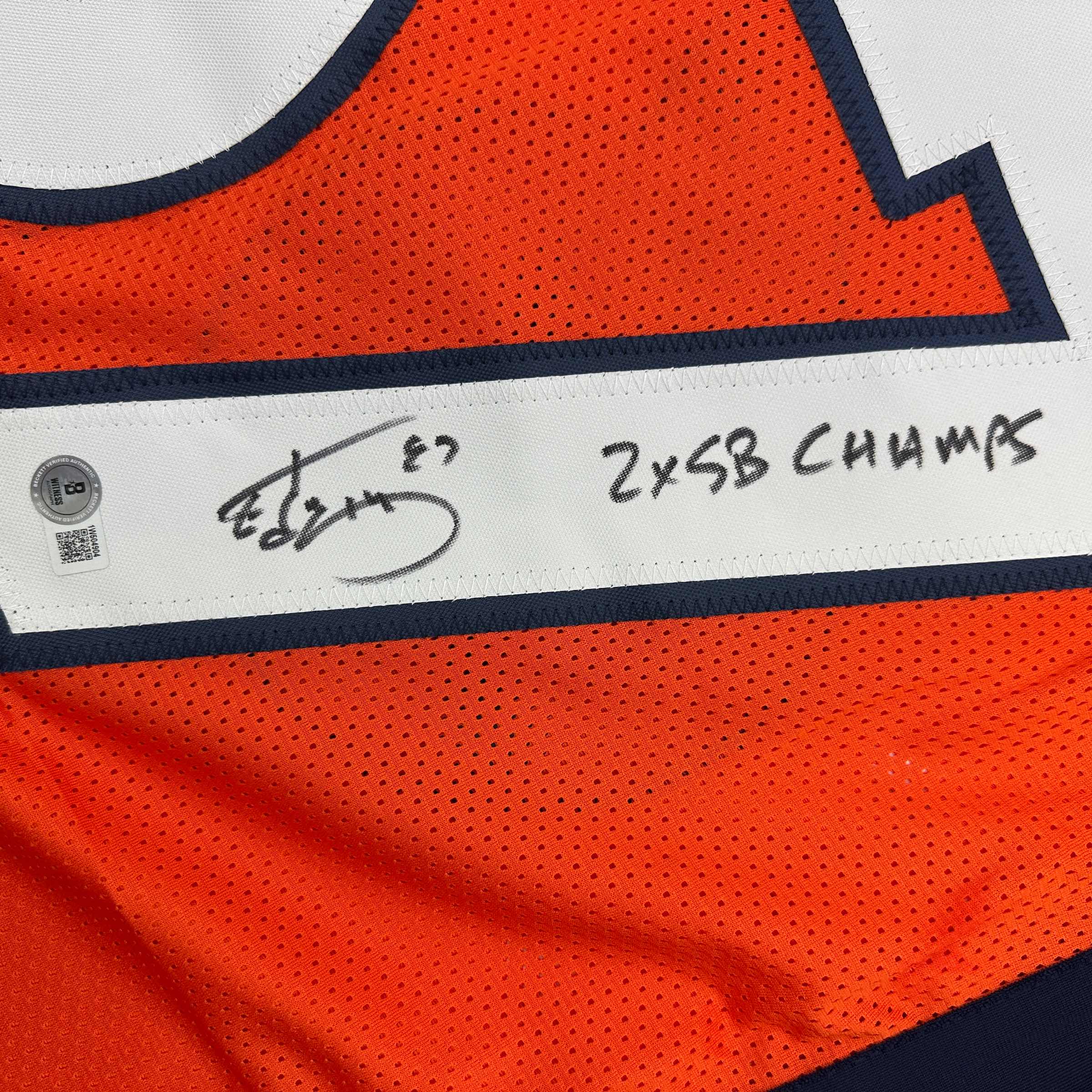 Autographed/Signed Ed McCaffrey 2x SB Champs Denver Orange Football Jersey Beckett BAS COA - Image 3