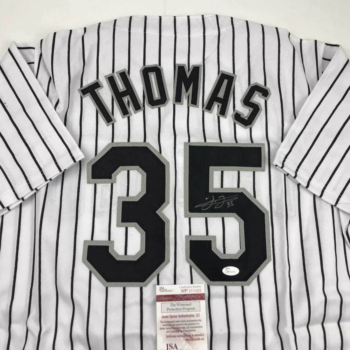 Autographed/Signed Frank Thomas Chicago Pinstripe Baseball Jersey JSA COA - Image 2