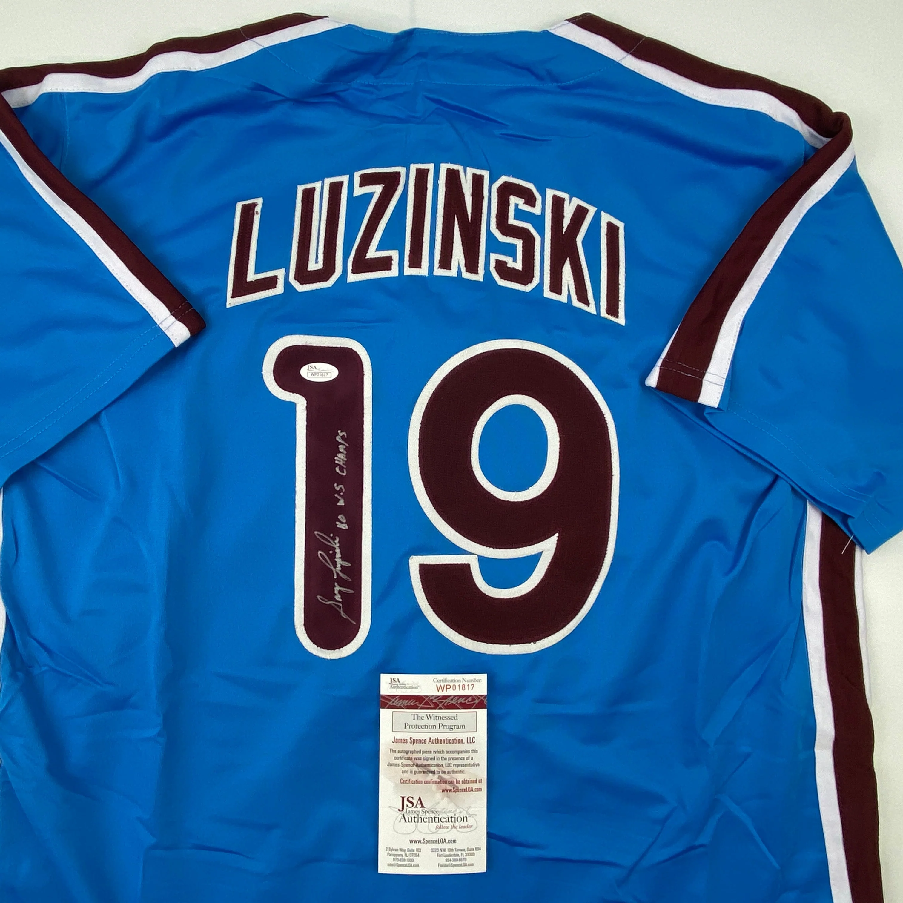 Autographed/Signed Greg Luzinski 80 WS Champs Philadelphia Retro Blue Baseball Jersey JSA COA - Image 2