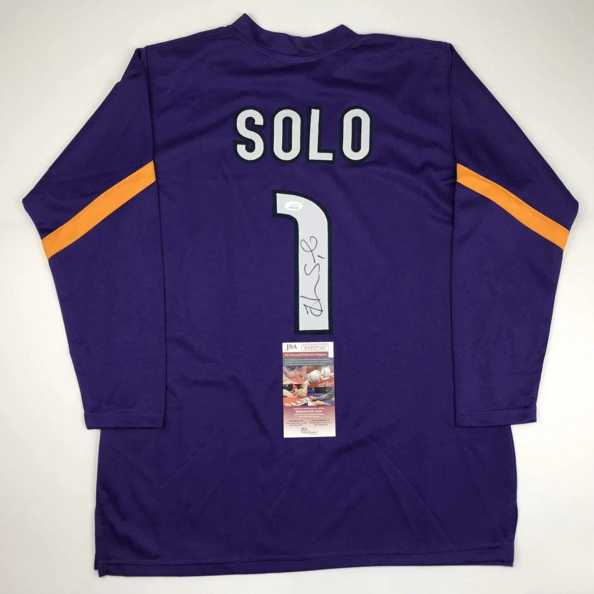 Autographed/Signed Hope Solo Purple Long Sleeve Soccer Team USA World Cup Jersey JSA COA - Image 2