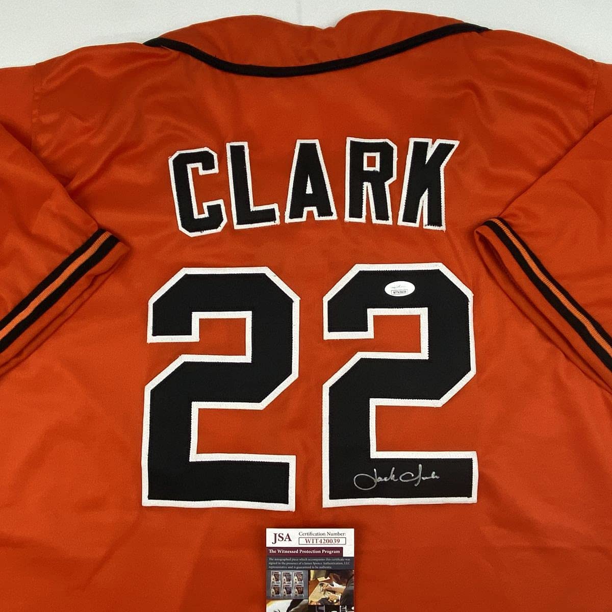 Autographed/Signed Jack Clark San Francisco Orange Baseball Jersey JSA COA - Image 2