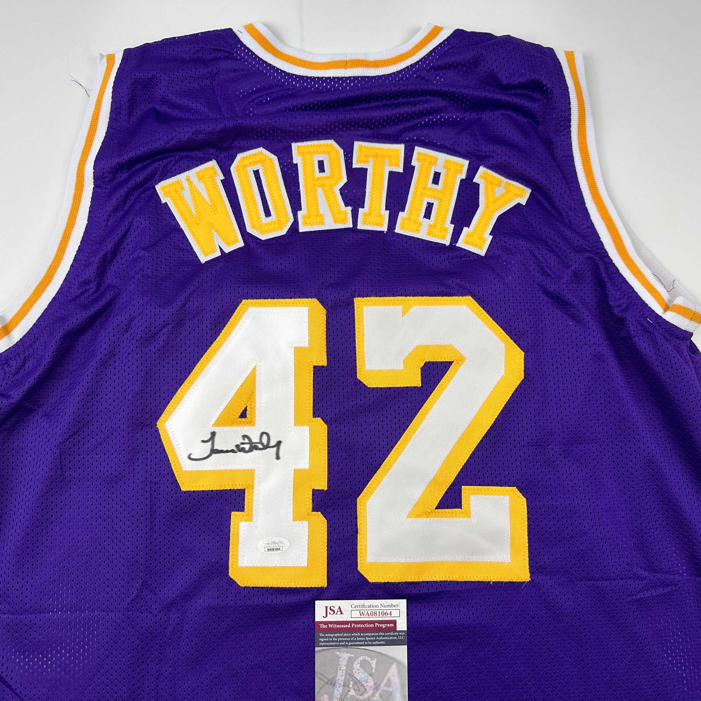 Autographed/Signed James Worthy Los Angeles LA Purple Basketball Jersey JSA COA - Image 2