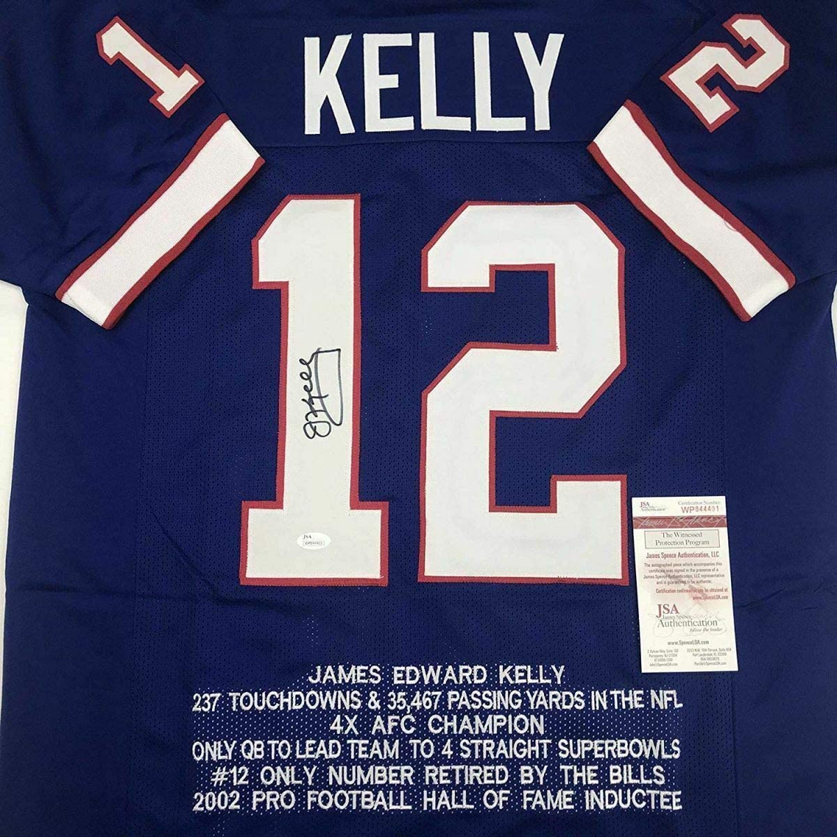 Autographed/Signed Jim Kelly Buffalo Blue Stat Football Jersey JSA COA - Image 2
