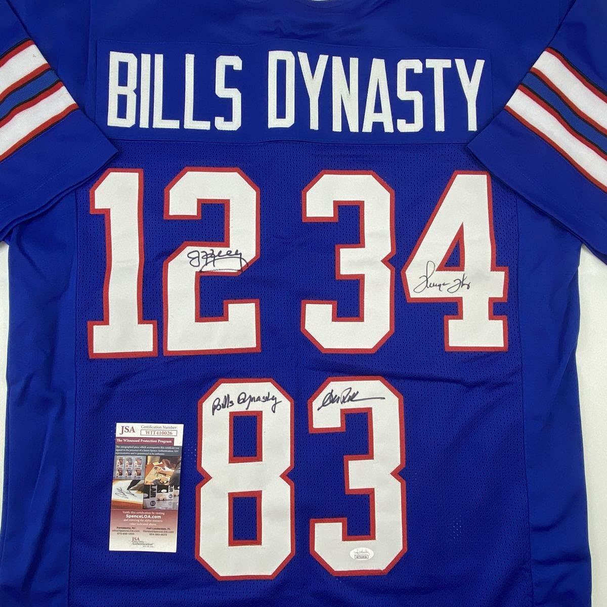 Autographed/Signed Jim Kelly Thurman Thomas Andre Reed Buffalo Dynasty Blue Football Jersey JSA COA - Image 2