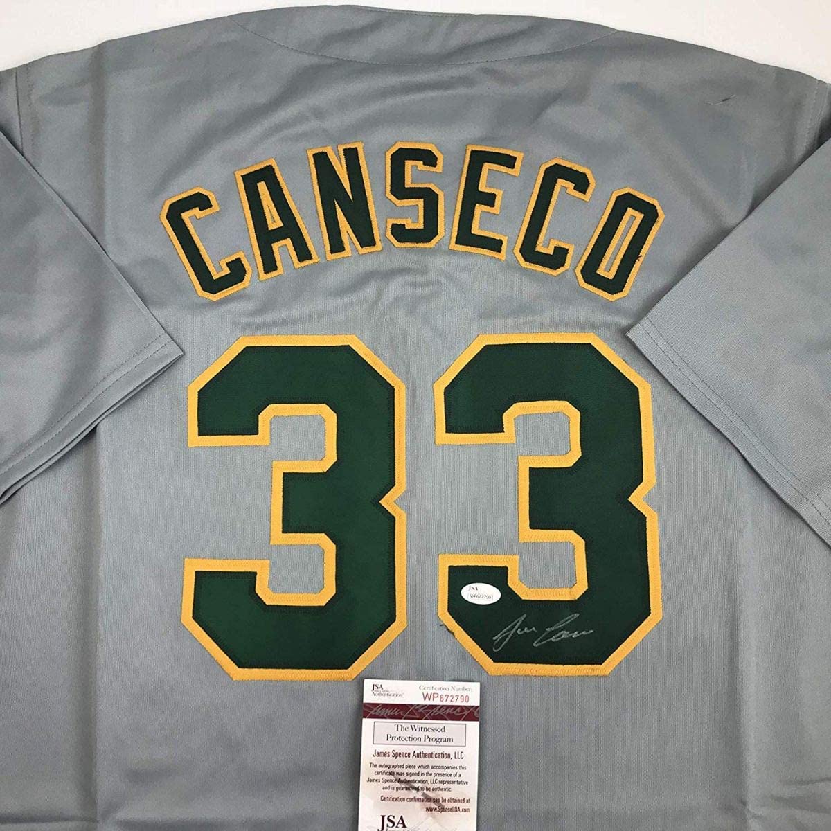 Autographed/Signed Jose Canseco Oakland Grey Baseball Jersey JSA COA - Image 2