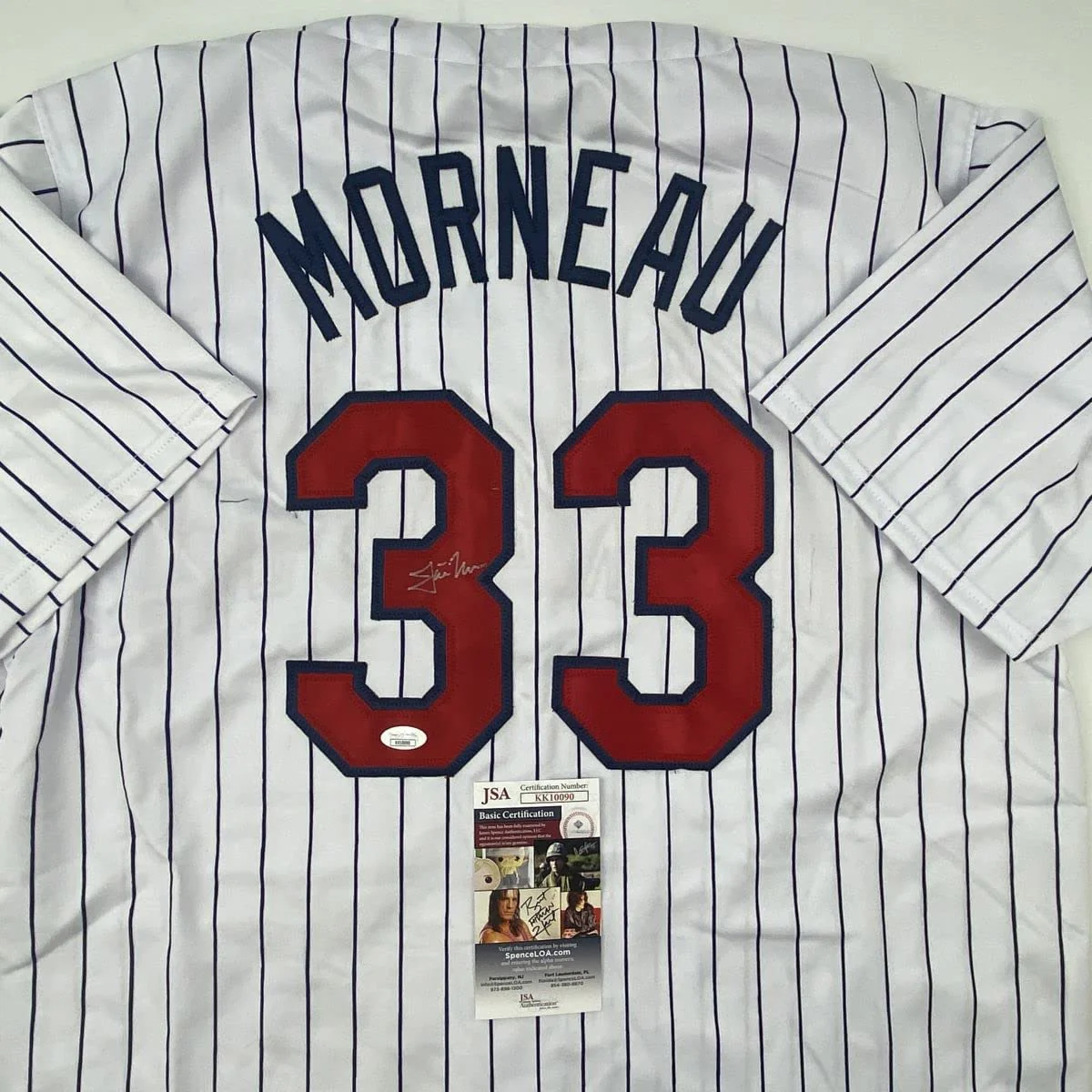 Autographed/Signed Justin Morneau Minnesota Pinstripe Baseball Jersey JSA COA - Image 2