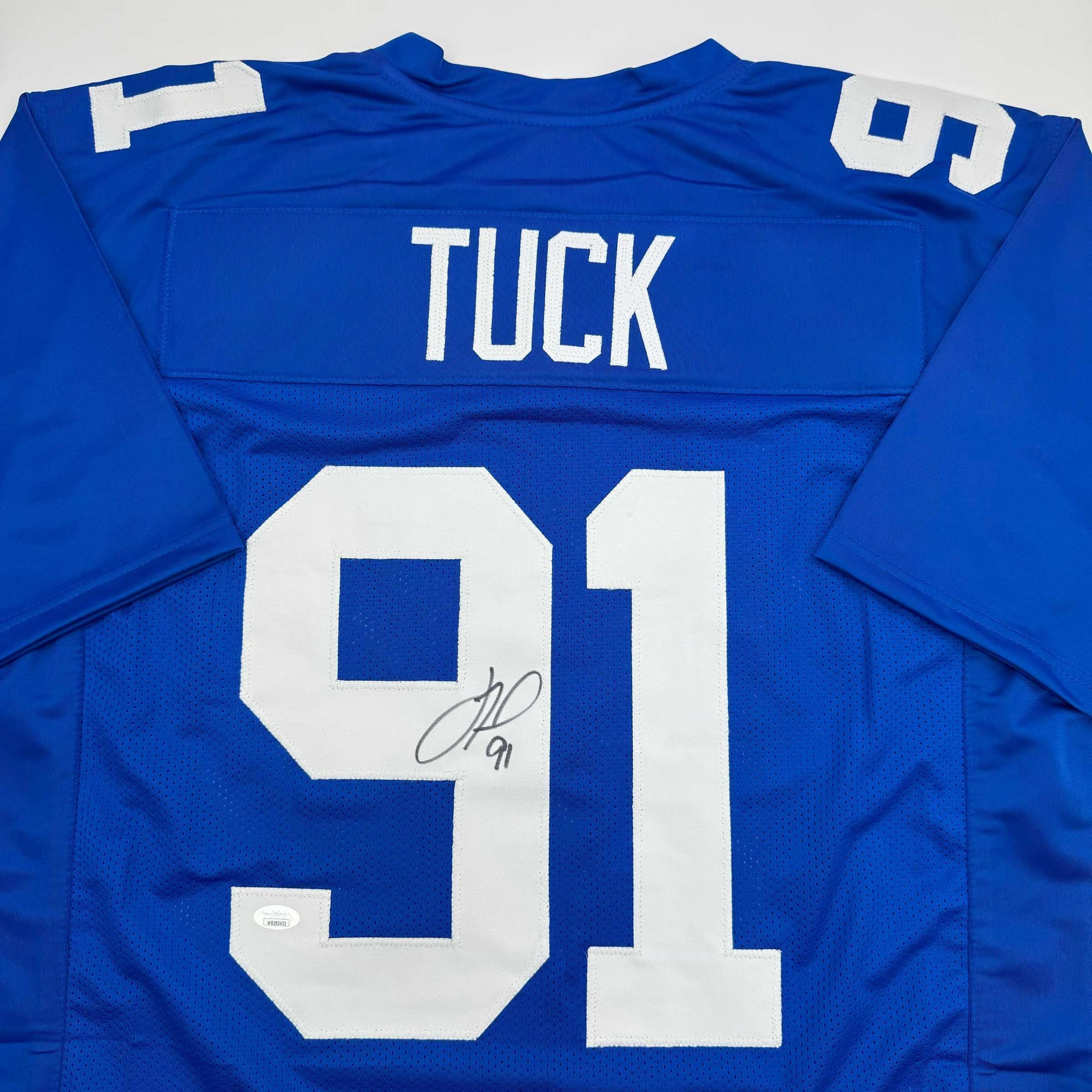 Autographed/Signed Justin Tuck New York Blue Football Jersey JSA COA - Image 2