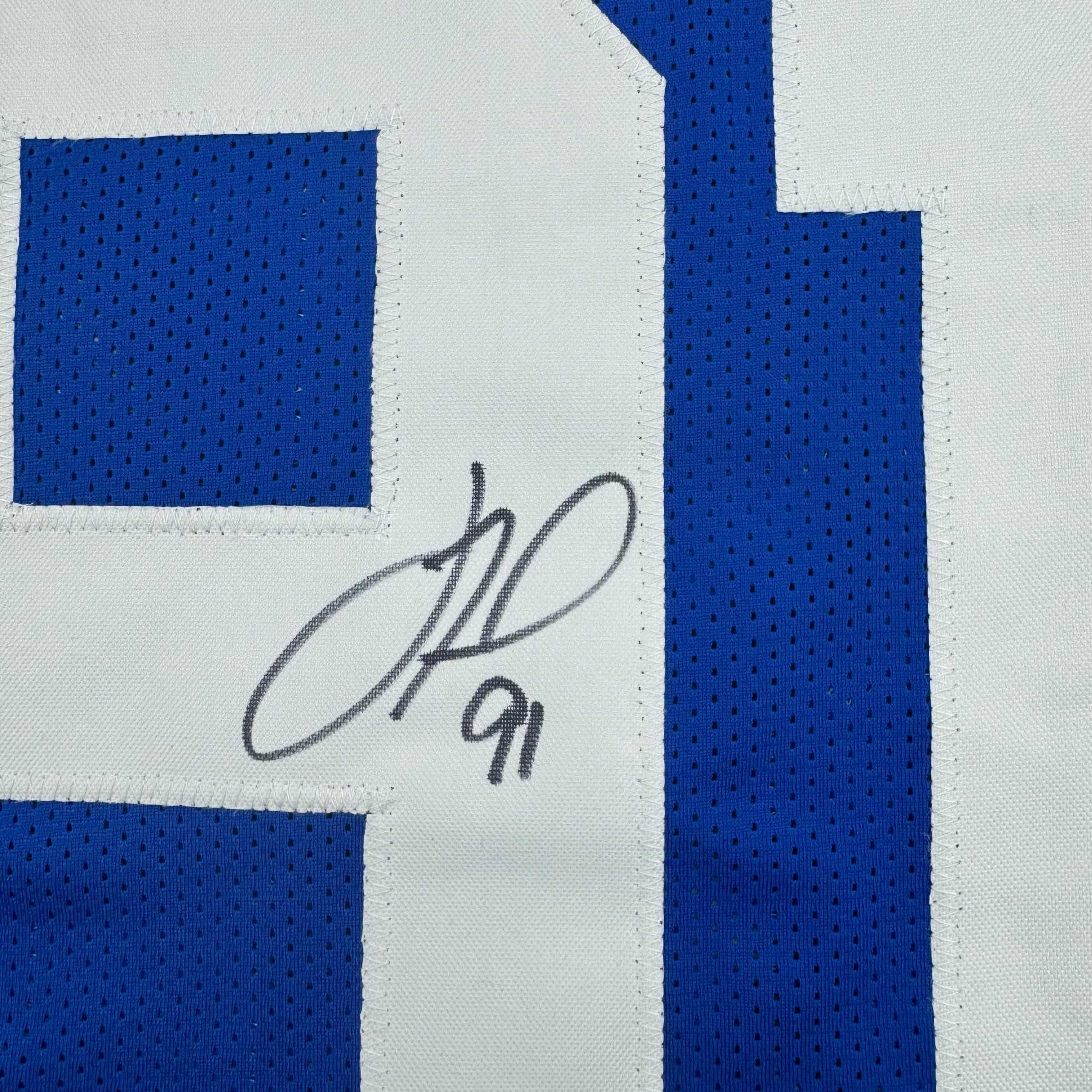 Autographed/Signed Justin Tuck New York Blue Football Jersey JSA COA - Image 3