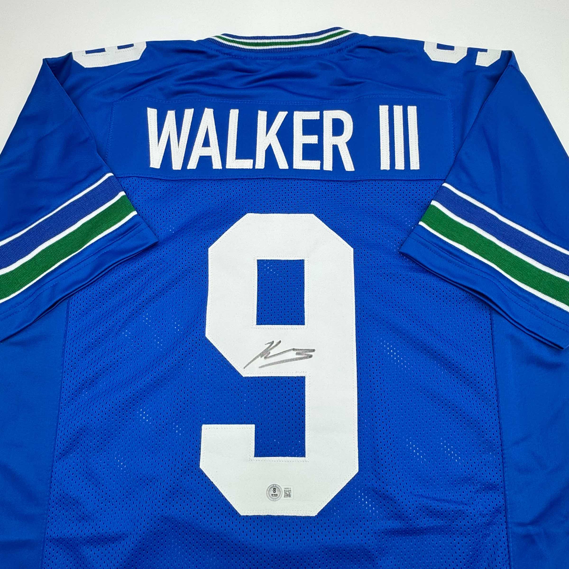 Autographed/Signed Kenneth Walker Seattle Retro Blue Football Jersey Beckett BAS COA - Image 2
