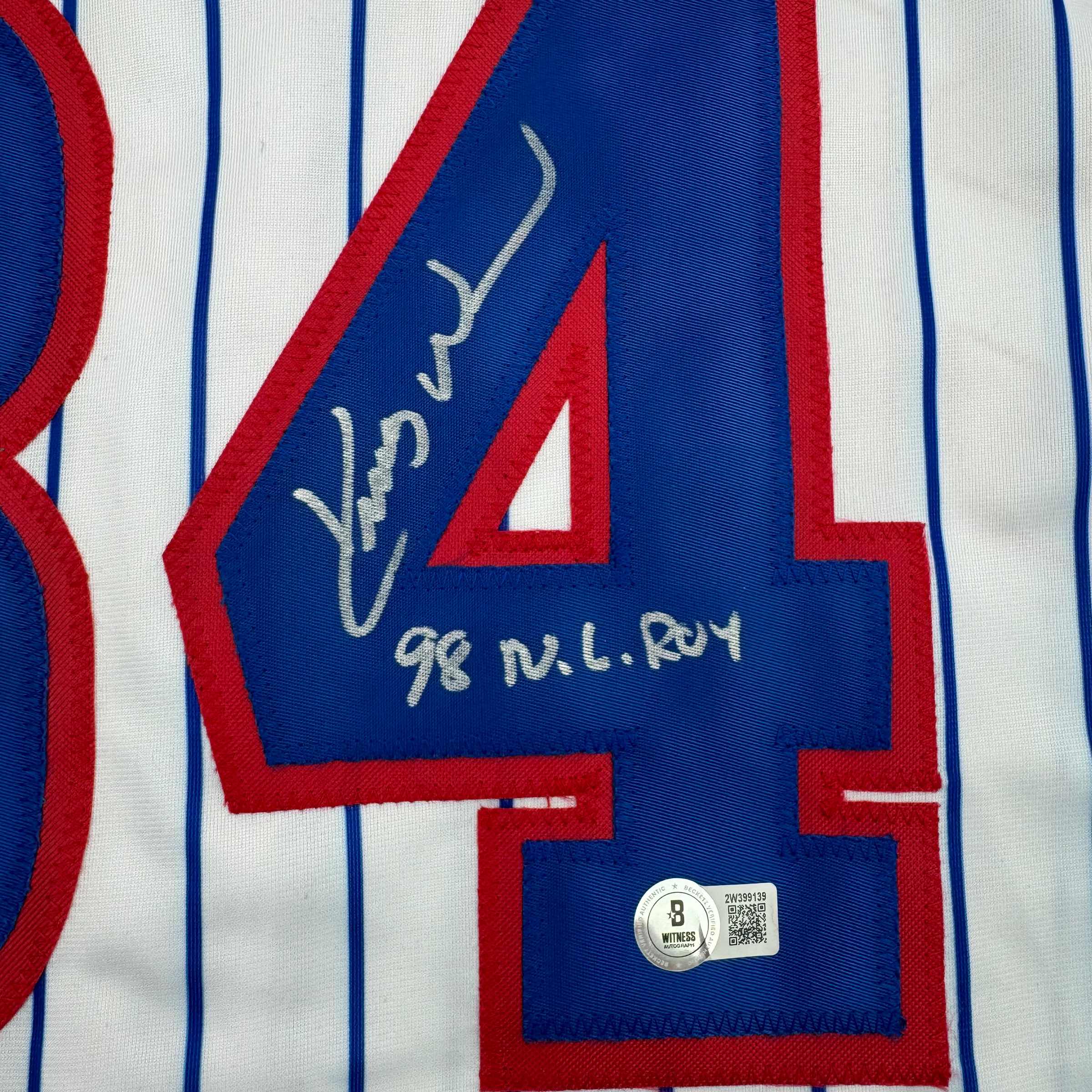 Autographed/Signed Kerry Wood 98 ROY Chicago Pinstripe Baseball Jersey Beckett BAS COA - Image 3