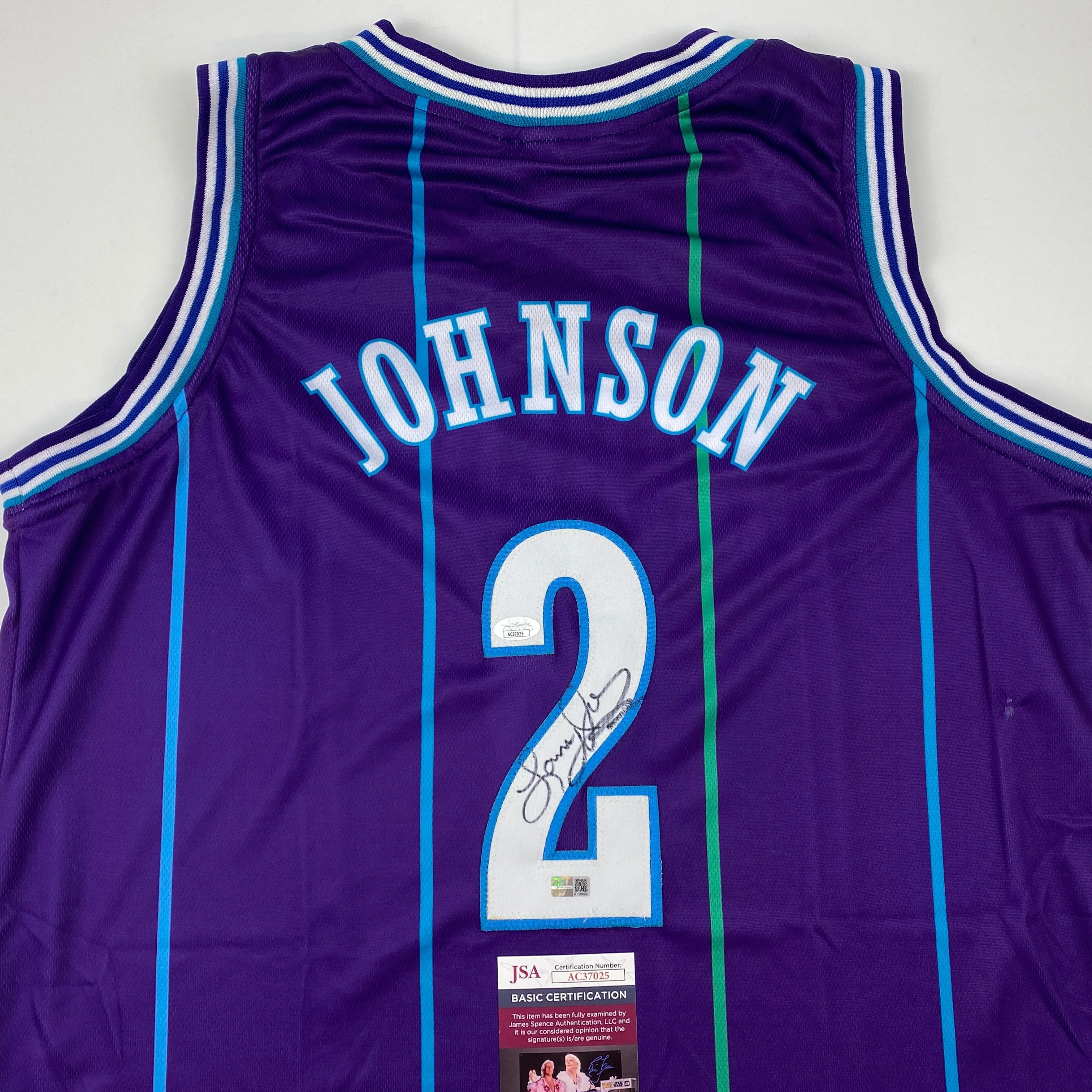 Autographed/Signed Larry Johnson Charlotte Purple Basketball Jersey JSA COA - Image 2