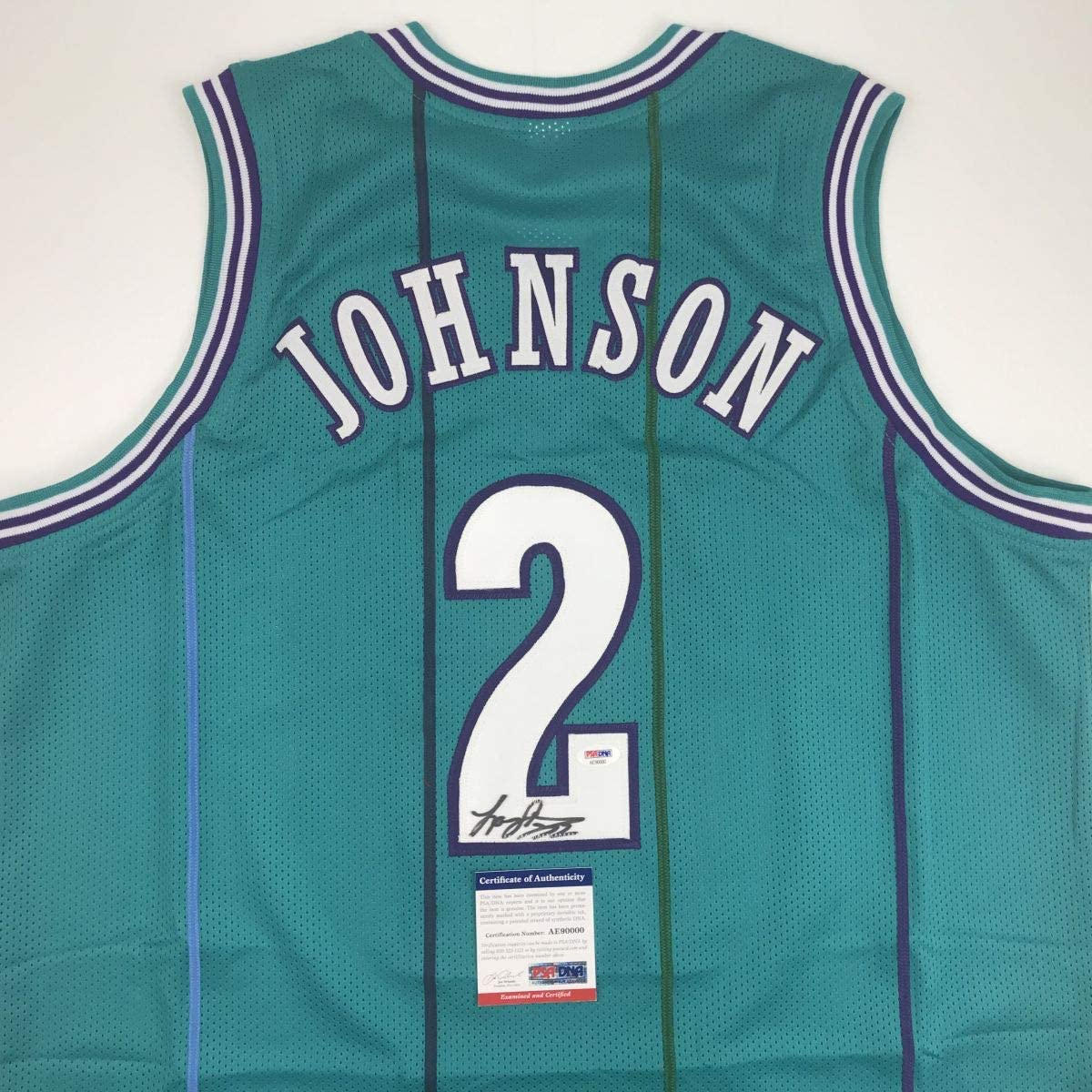 Autographed/Signed Larry Johnson Charlotte Teal Basketball Jersey PSA/DNA COA - Image 2