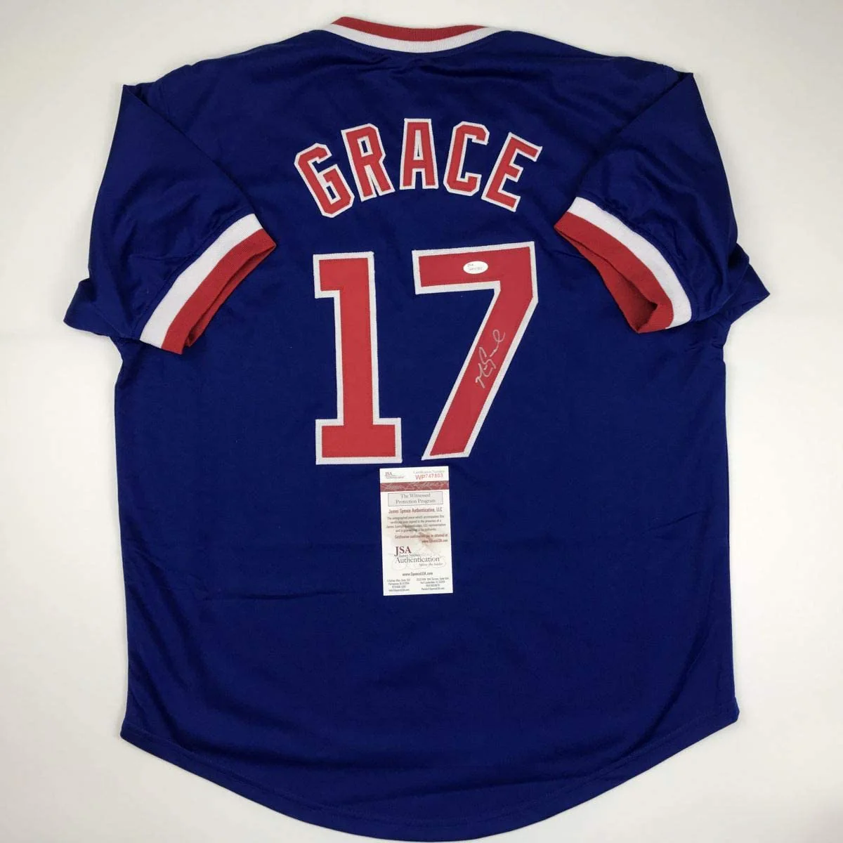 Autographed/Signed Mark Grace Chicago Blue Baseball Jersey JSA COA